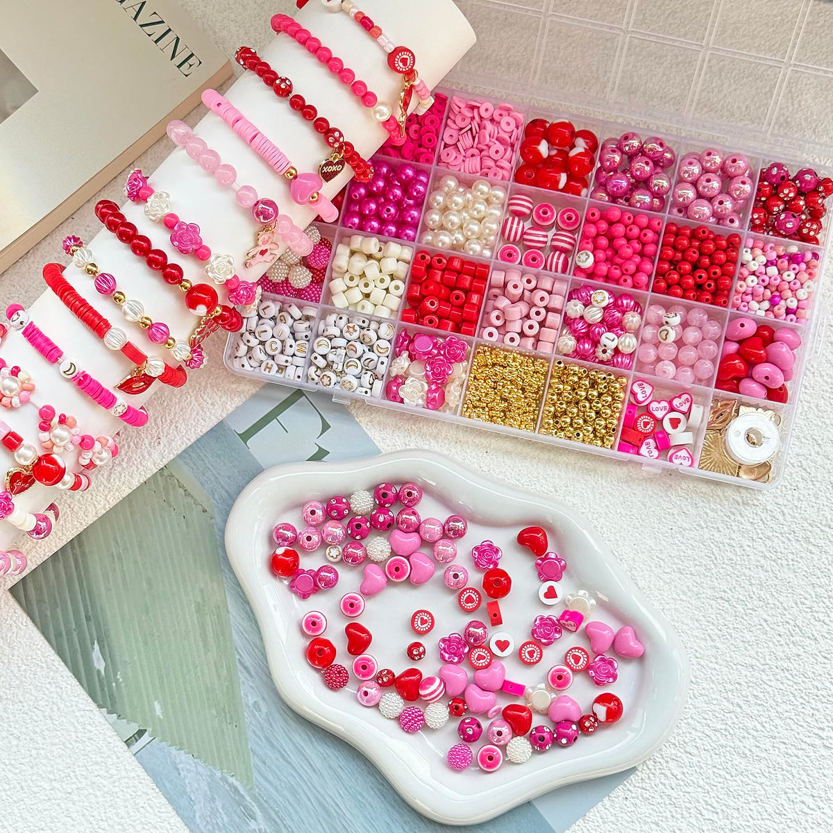 1800PCS+ Valentine’s Day Beads for Bracelets Jewelry Making Set, Pink Red Polymer Clay Beads Assorted Pearl Acrylic Heart Bead Letter Spacer Flower Bead and Heart Charms for Necklace Bracelets Making