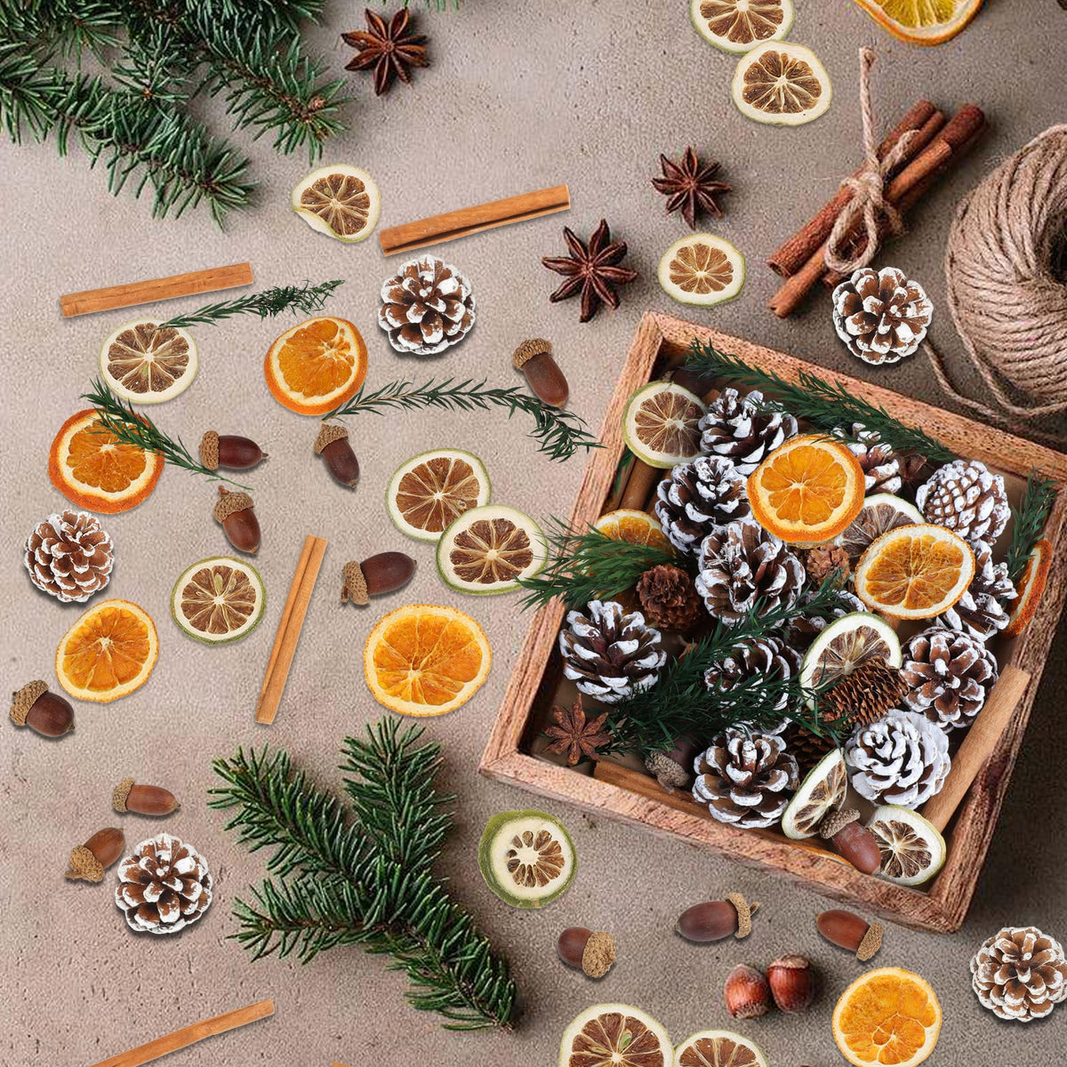 Wlicon Christmas Potpourri Bowl Filler, Natural Pinecone, Cinnamon Sticks, Dried Orange Slices, Star Anise, Acorns for Crafts for Christmas Wreath Vase Filler Christmas DIY Crafts Party Decor