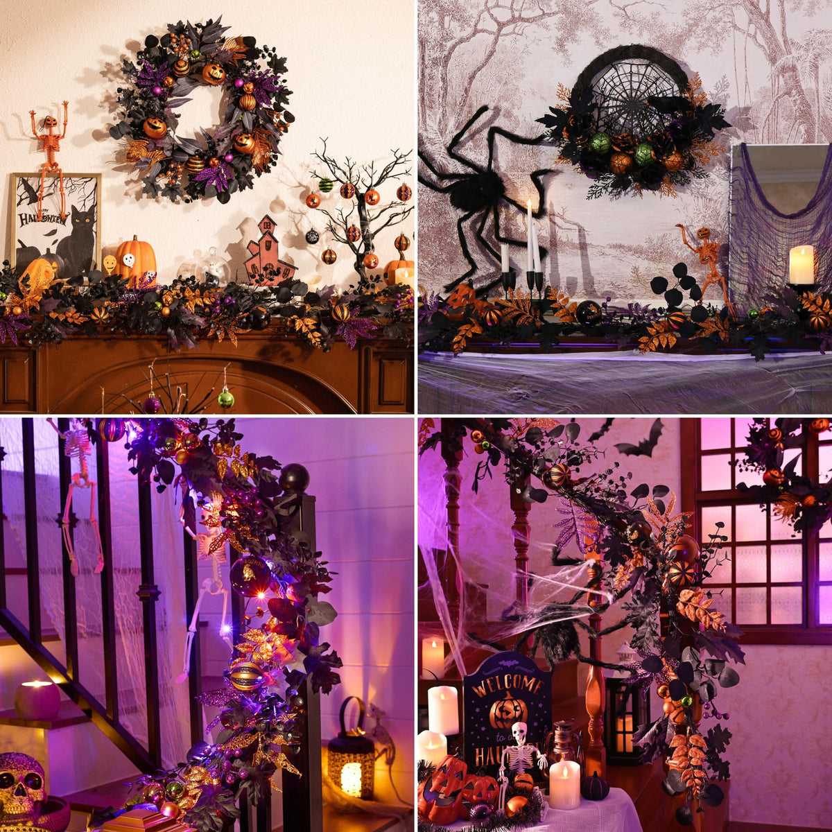 Valery Madelyn Halloween Garland for Mantel with Lights, 6 Feet Pre-Lit Jack-o'-Lantern Pumpkins and Ball Garland Decorations for Table Centerpiece Mantle Indoor Stair Home Decor