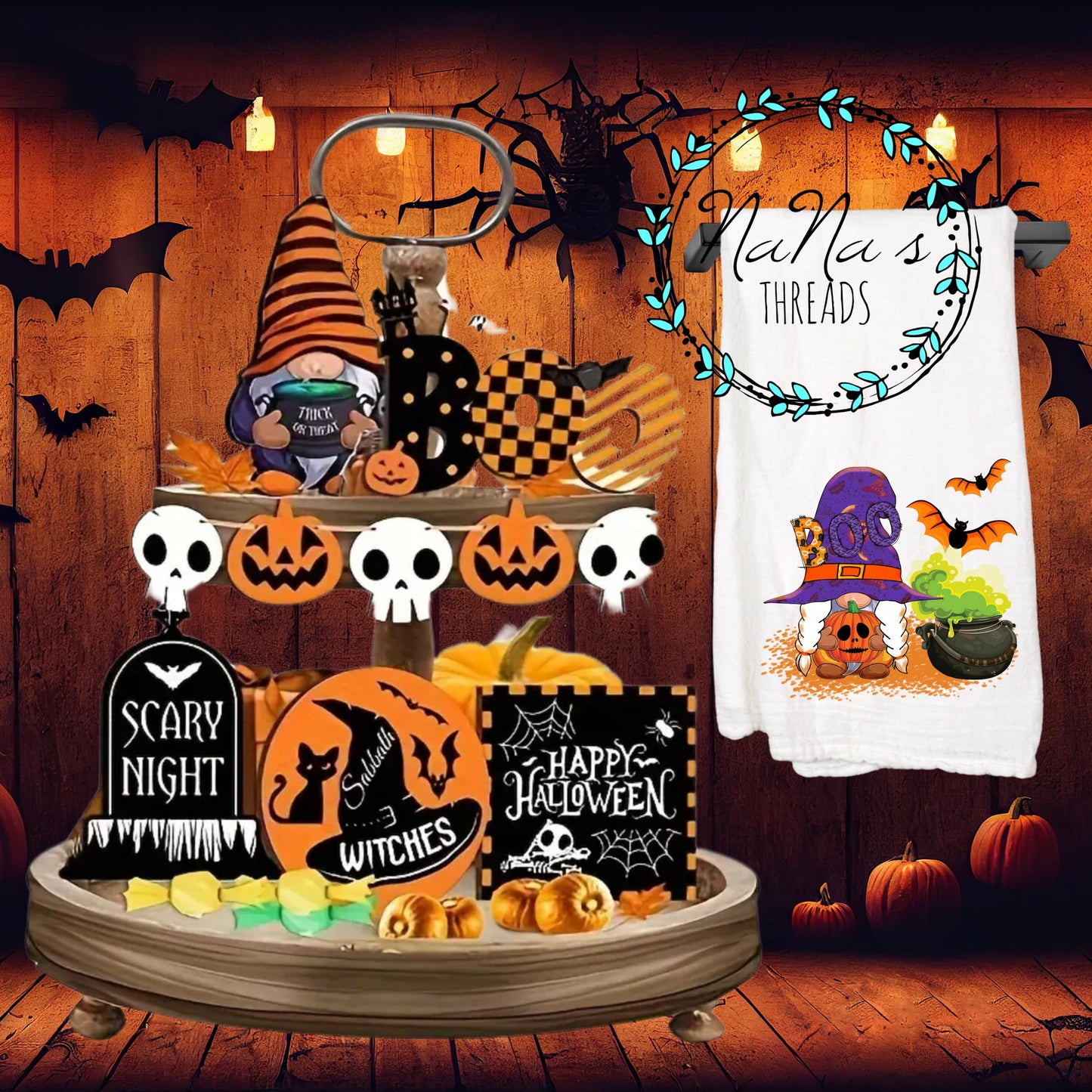 Halloween Tiered Tray Decor Set – Rustic Gnome Pumpkin Farmhouse Decorations for Kitchen, Coffee Bar & Dining Table – Wooden Fall Halloween Tray Accessories for Home Decor