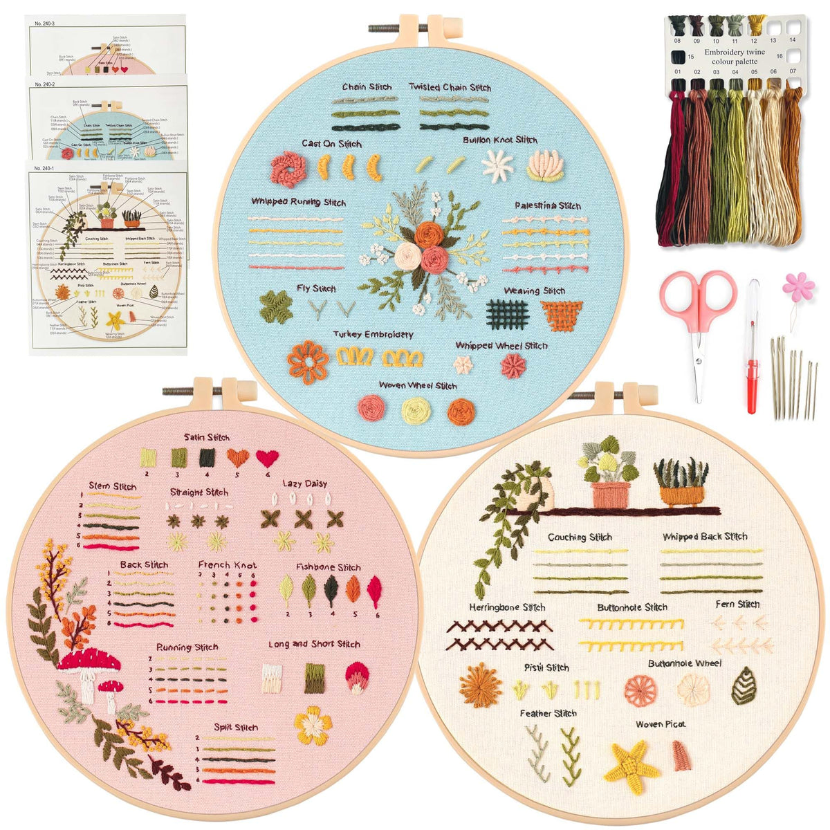 Myfilicity Embroidery Beginners Stitch Practice kit, 3 Embroidery Starter Kits, Learn 30 Different Stitching Techniques for Craft Enthusiasts to Hand-Stitch Fabric and Learn Embroidery Skills…