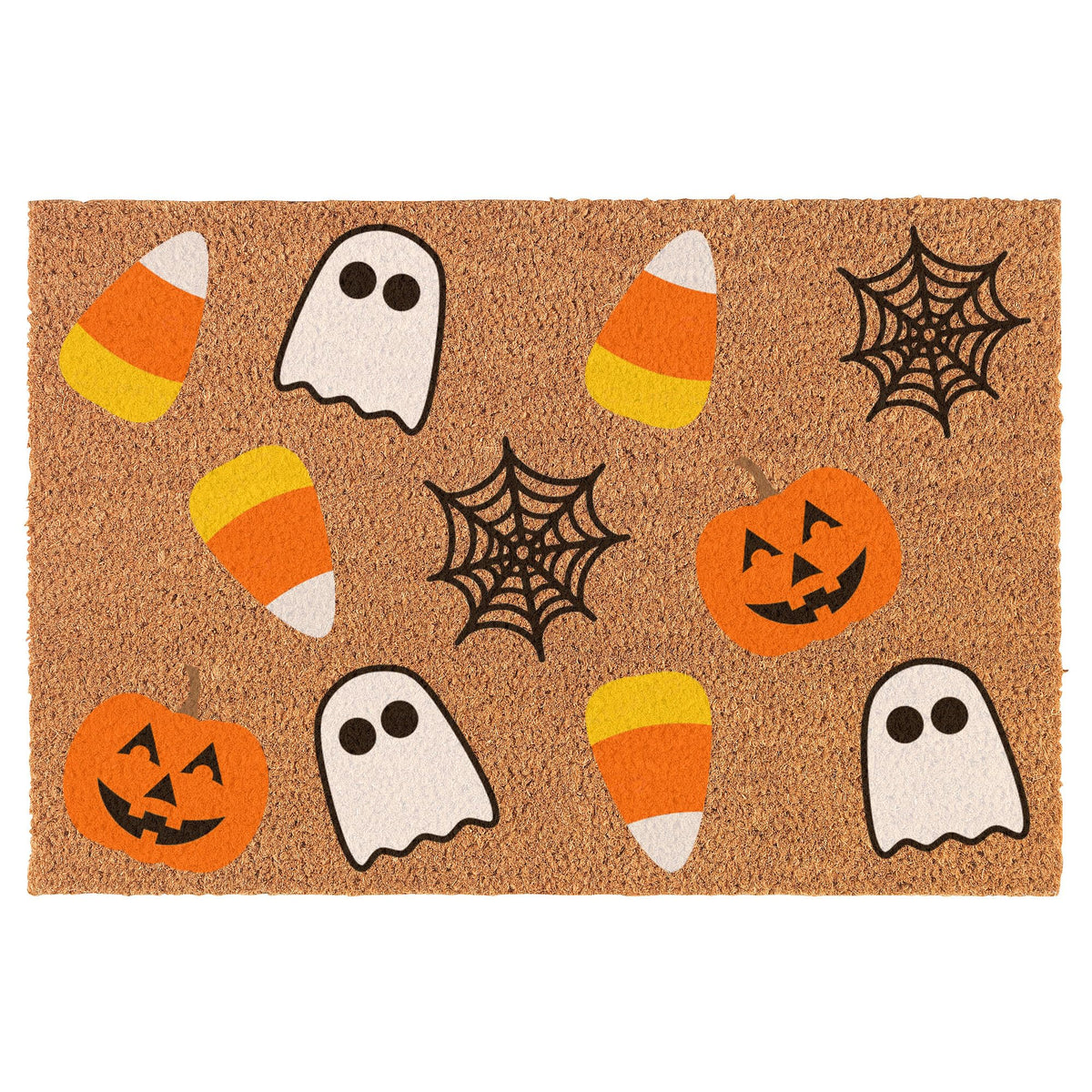 Welcome Doormat Coco Coir Door Mat Gift White Ghosts Spider Webs Jack-o'-Lanterns Candy Corn Halloween (30" x 18")