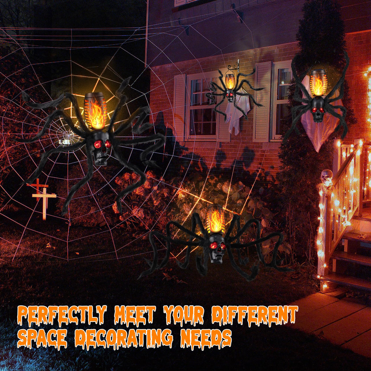 Halloween Skull Flame Light with 8 Spider Tentacles - Solar Powered Outdoor Lighting Decoration for Halloween Parties, Gardens, and Haunted Displays (Orange, 1 Pack)