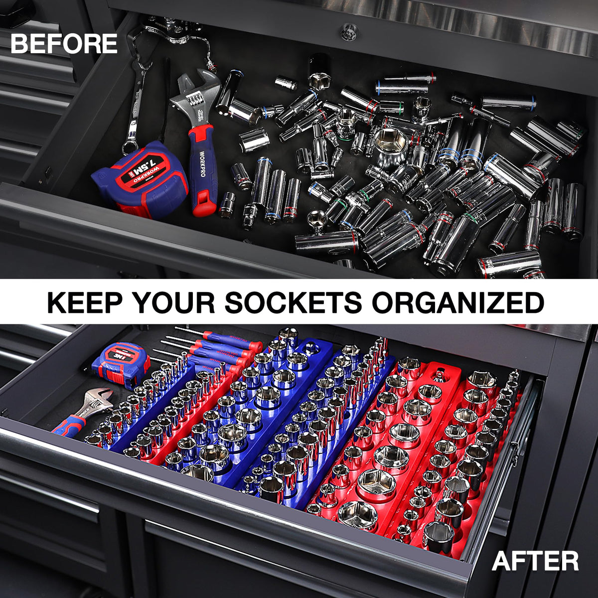 WORKPRO Magnetic Socket Organizer Set, 6-Piece Socket Holder Set Includes 1/4", 3/8", 1/2" Drive Metric SAE Socket Trays, Holds 143 Pieces Sockets, Christmas Gift for Men(Socket not Included)