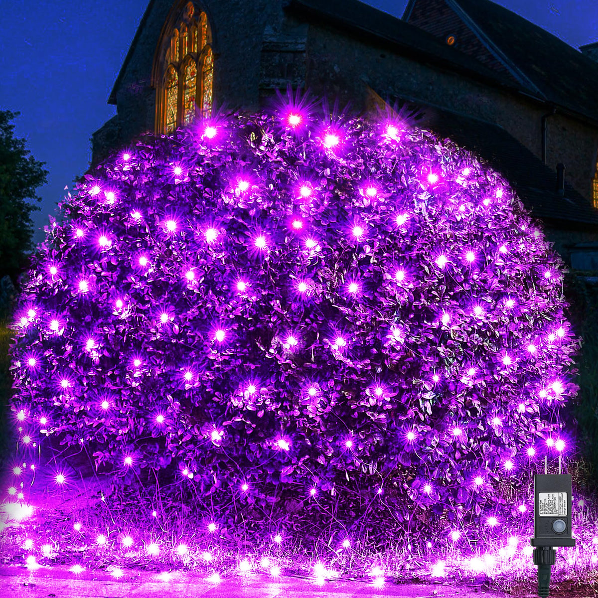 WBao Halloween Lights Outdoor 360LED 11.5ft x 6.9ft Halloween Net Lights with 8 Modes, Timer, Connectable, Waterproof & Dark Green Wire for Lawn, Bushes, Shrubs Outdoor Holiday Decorations, Purple