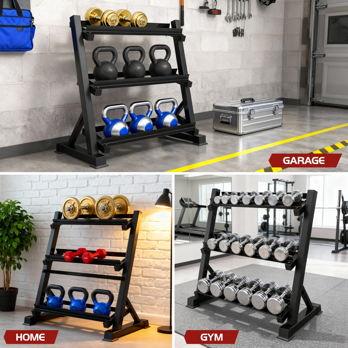 JDGG Dumbbell Rack Adjustable 3-Tier Weight Stand for Home Gym, 1100LB Capacity Heavy Duty Weight Storage Rack for Dumbbells, Kettlebells