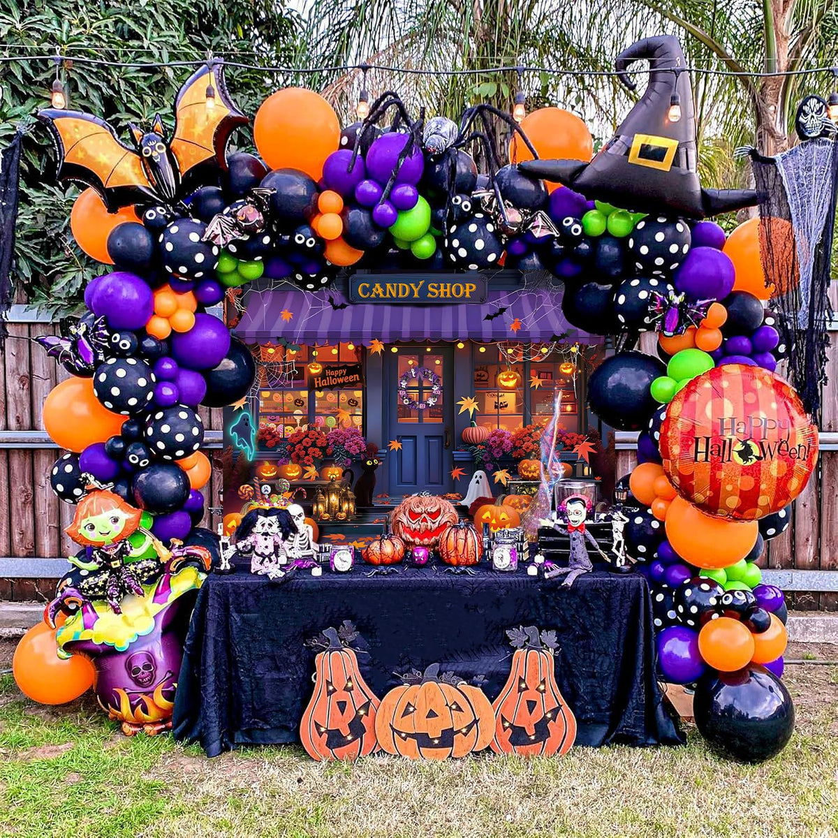 Halloween Candy Shop Backdrop Magic Witch Pumpkin Shop Maple Leaves Photography Background Halloween Pumpkin Lantern Night Theme Party Decorations Banner (8X6FT(94 x 70 inch))