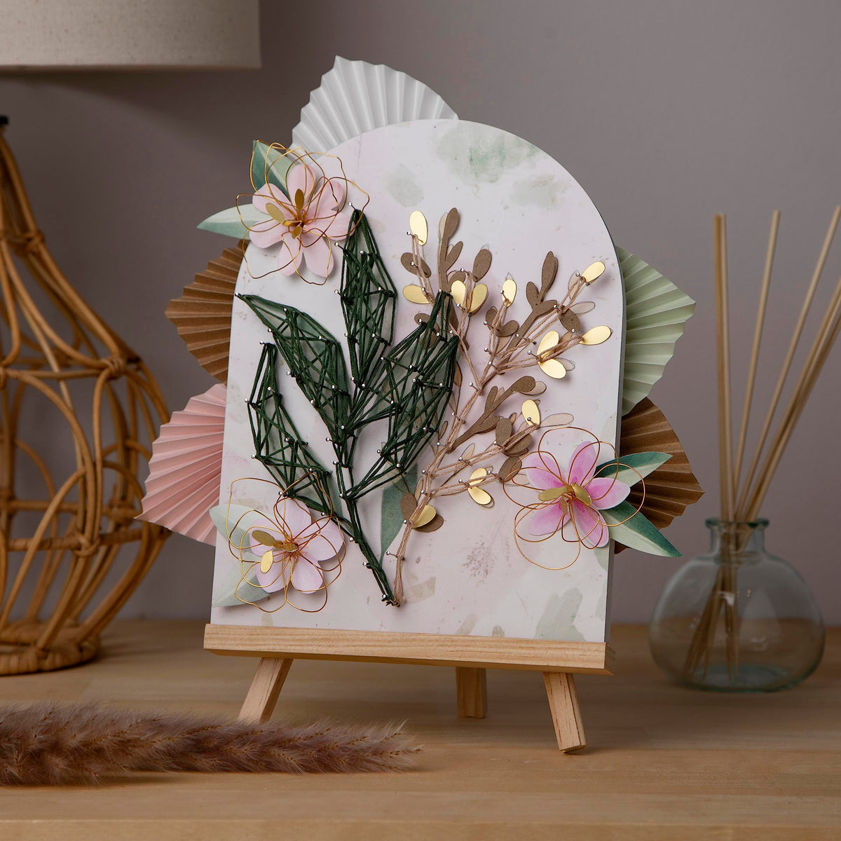 Craft Crush DIY String Art Craft Kit - Floral Interior Design DIY Activity for Teens & Adults - Complete String Art Kit with Embroidery Thread, Foam Canvas, Metal Pins, Wooden Easel - Ages 13+