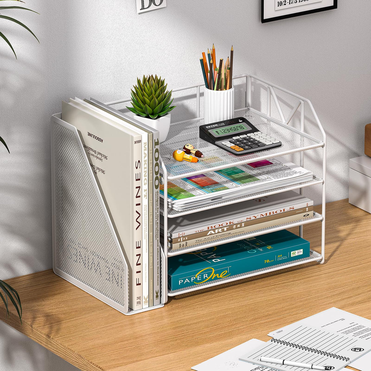 handimp 4-Tier Paper File Organizer with Drawer, Metal Desk Organizer, Tiered Paper Tray for Letter/A4 Files, Desktop Office Supplies Storage Rack, White