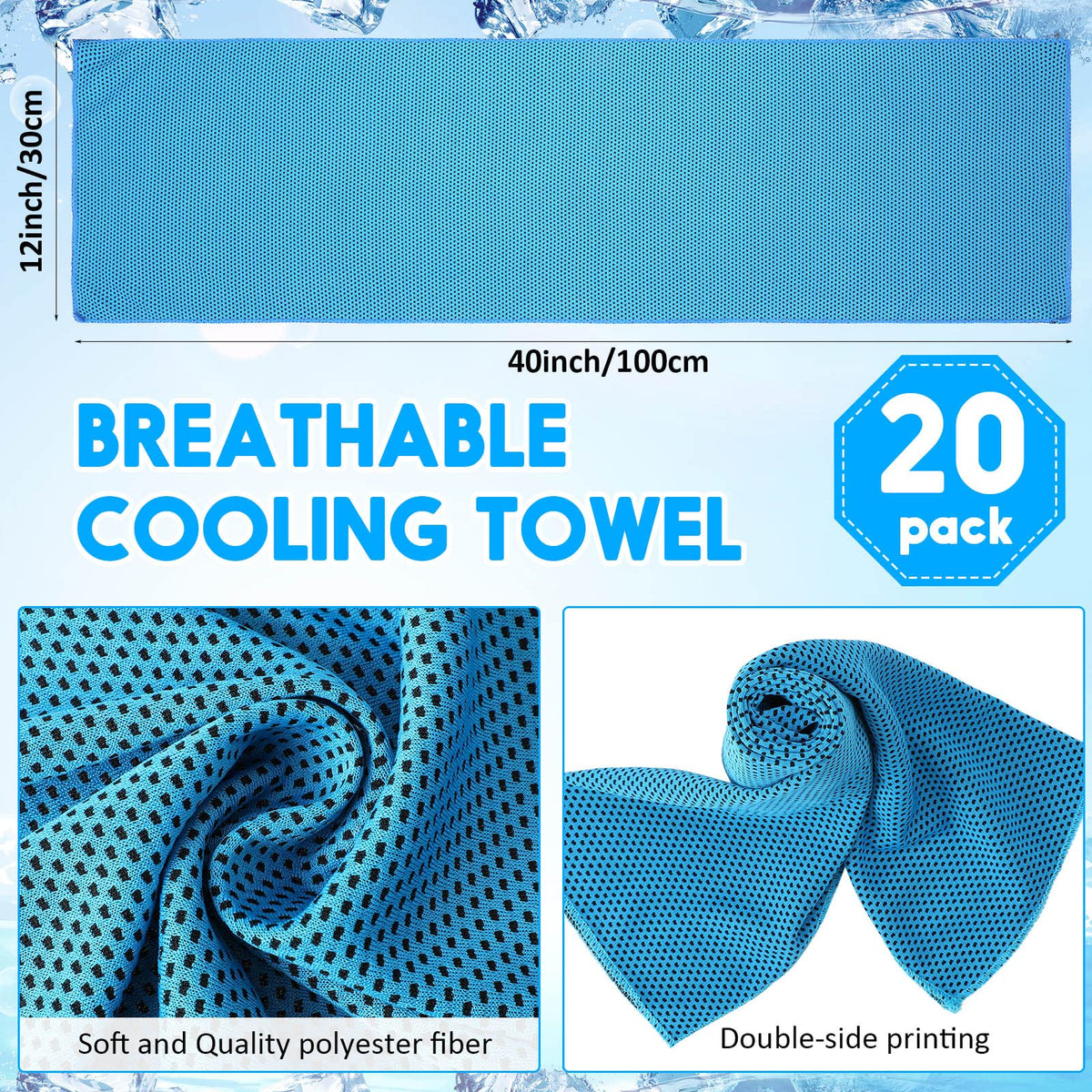 Redbaker 20 Pack Cooling Towel for Neck and Face Hot Weather 40'' x 12'' Soft Breathable Chilly Ice Towel with Bag Microfiber for Yoga Gym Men Women Workout Travel Camping(Light Blue)