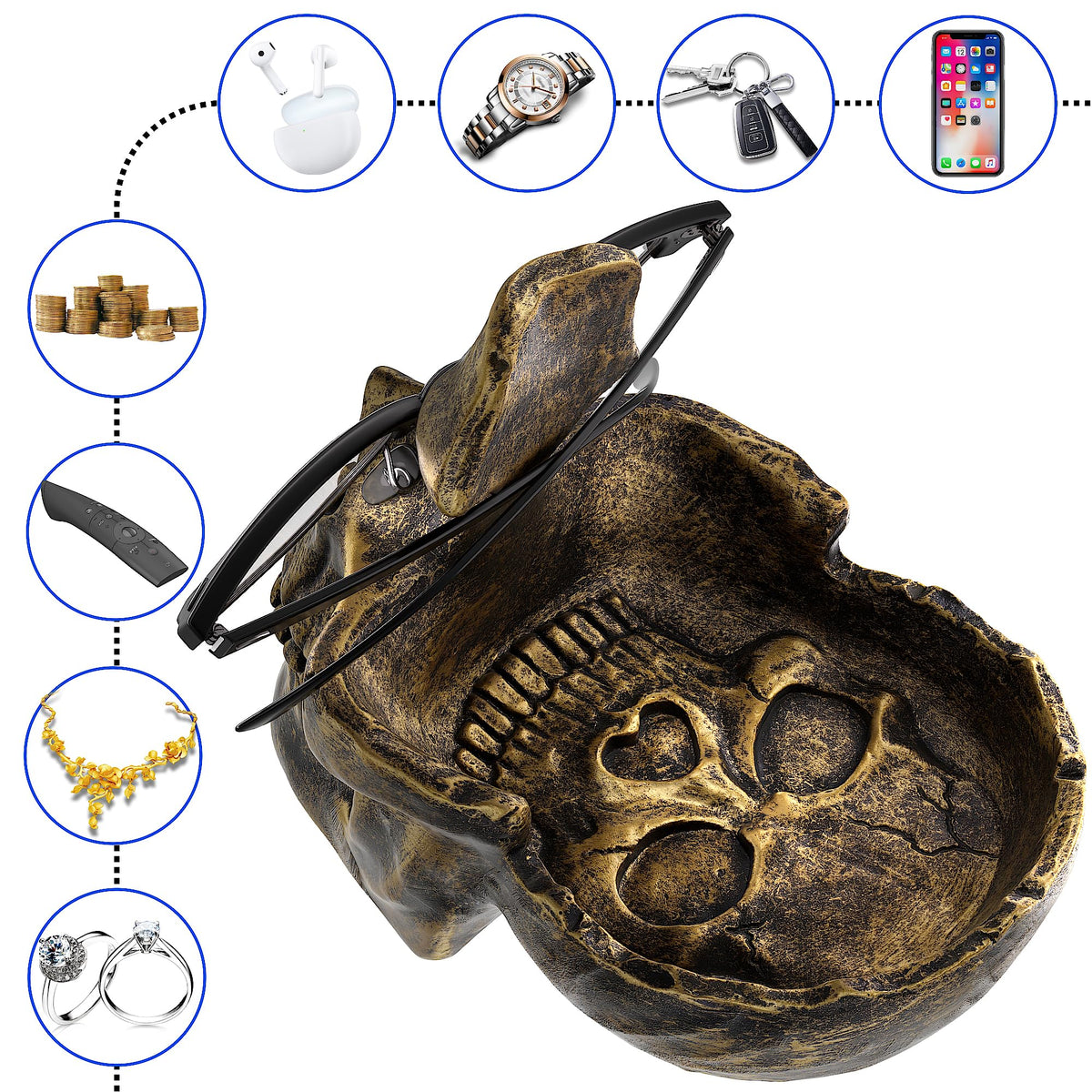READAEER Skull Glasses Stand Holder, Creative Eyeglasses Holder, Sunglasses Spectacle Display Rack, Key Holder Resin Sculptures for Entryway, Home, Office, Desk, Nightstand (Bronze)