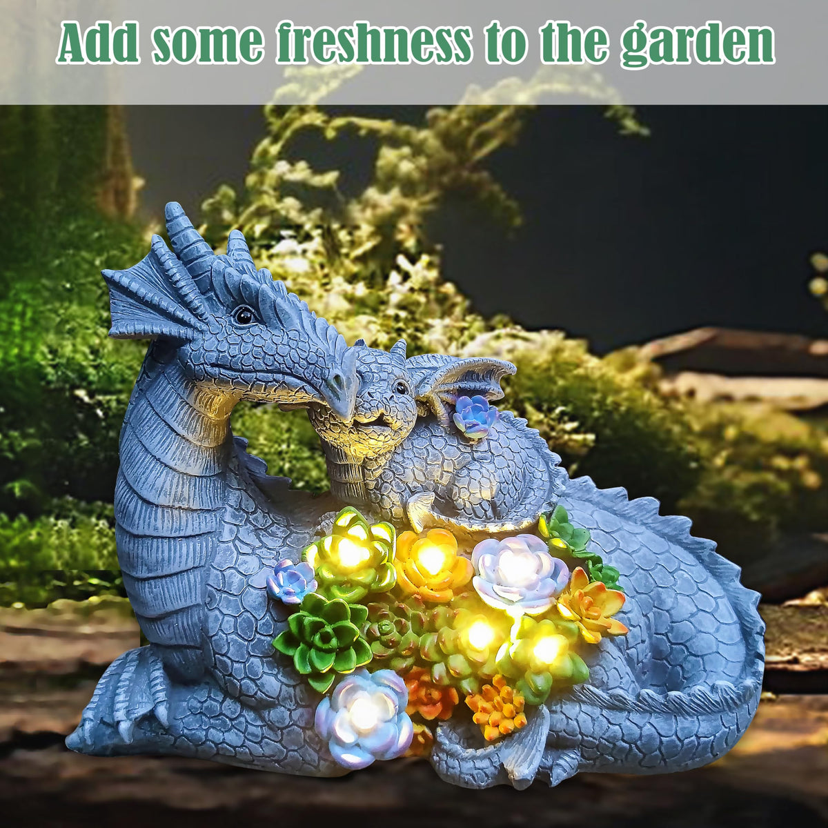 Yardancer Dragon Solar Garden Statues Outdoor Decoration with Succulent and 6 LED Lights,Dragon Figurine Solar Lights Lawn Décor,Outside Statue Ornament for Patio, Balcony, Yard,Unique Gift for Mom