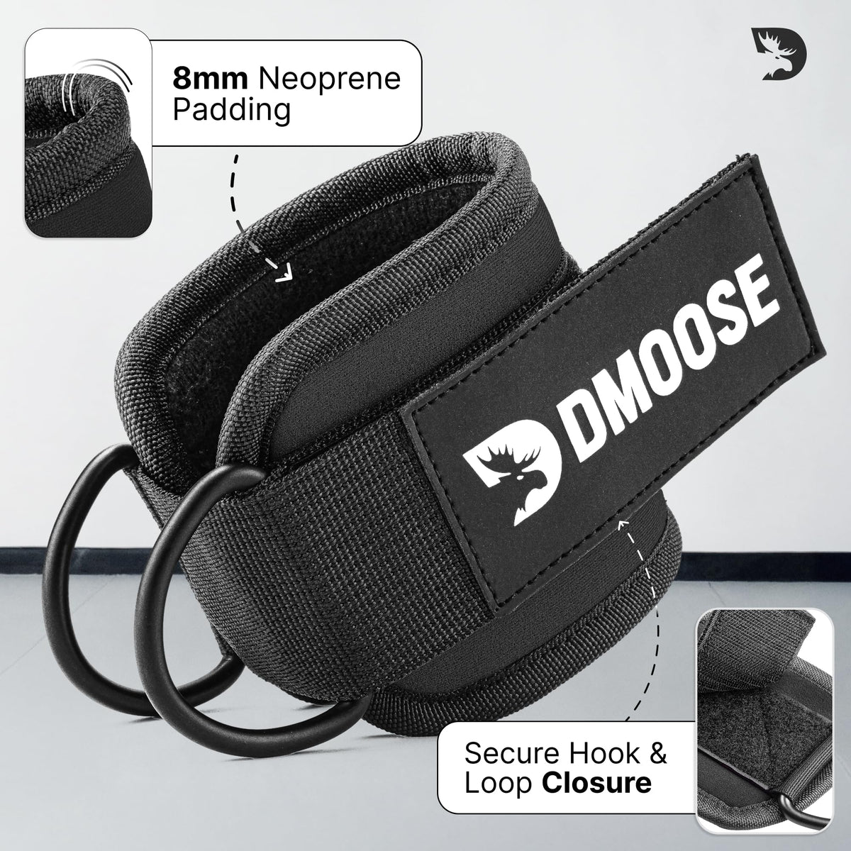 DMoose Ankle Strap for Cable Machine - One Size Fit with Premium Padding, Workout Kickback Ankle Cuffs, Ankle Bands for Working Out, Booty Workouts, Leg Extension, Hip Abductors & Lower Body Exercises