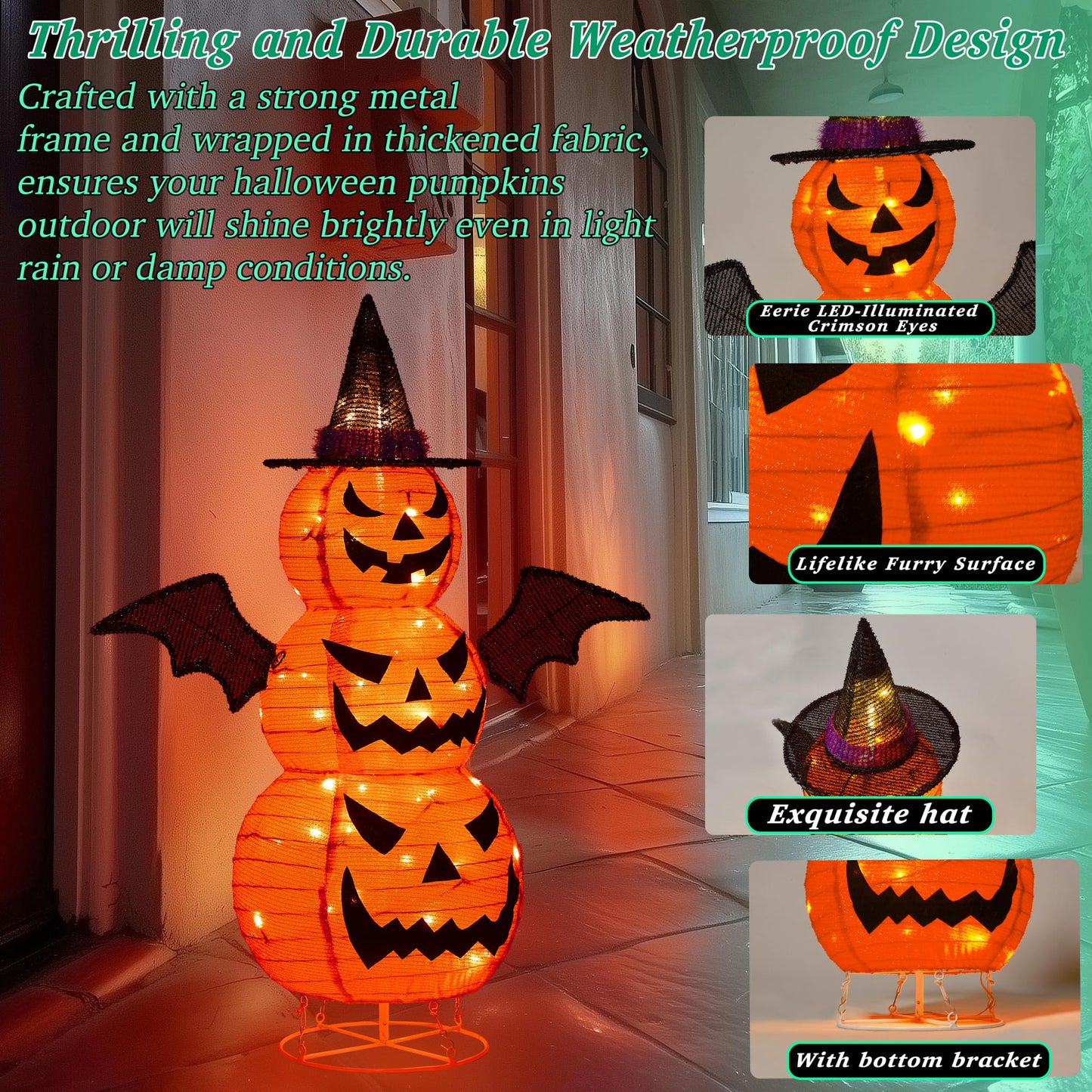 3FT-Halloween Decorations Outdoor – 37 Inch Collapsible Pumpkin Man with 40 LED Lights, Stretchable Pop Up Jack-o'-Lantern for Yard, Garden, Porch, Party Decor