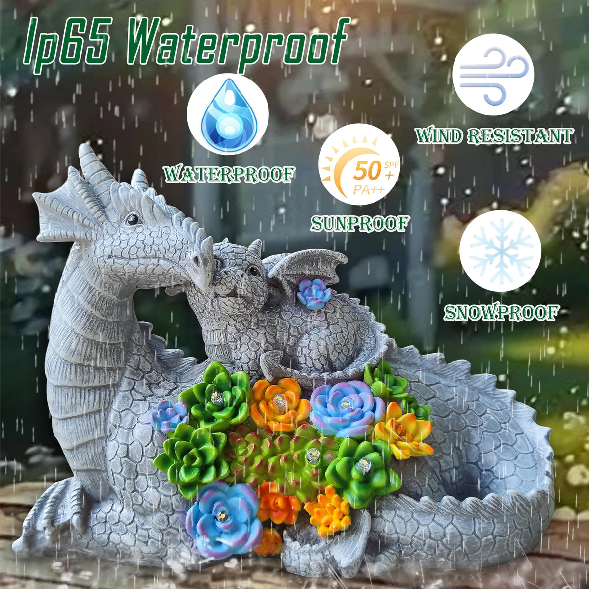 Yardancer Dragon Solar Garden Statues Outdoor Decoration with Succulent and 6 LED Lights,Dragon Figurine Solar Lights Lawn Décor,Outside Statue Ornament for Patio, Balcony, Yard,Unique Gift for Mom