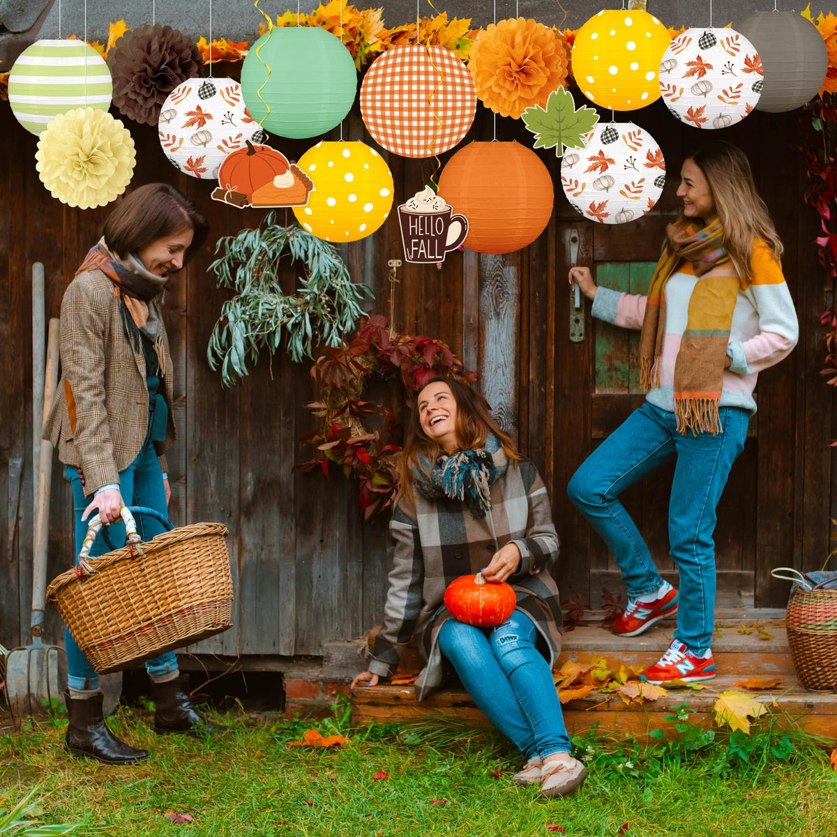 ‎Renbuzhu 16PCS Fall Decorations for Home Paper Lanterns Pom Poms Hanging Swirls Thanksgiving Autumn Friendsgiving Decor for Party Office Birthday Indoor Outdoor