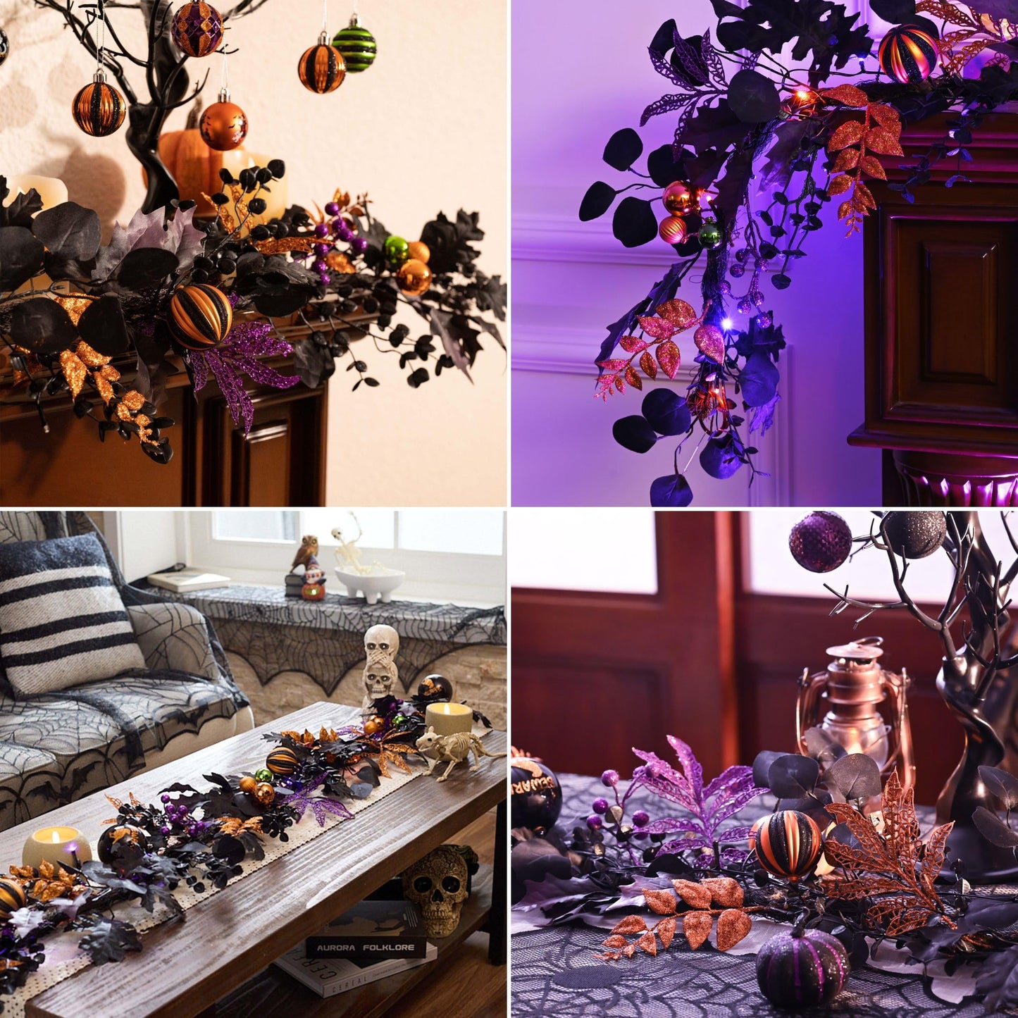 Valery Madelyn Halloween Garland for Mantel with Lights, 6 Feet Pre-Lit Jack-o'-Lantern Pumpkins and Ball Garland Decorations for Table Centerpiece Mantle Indoor Stair Home Decor