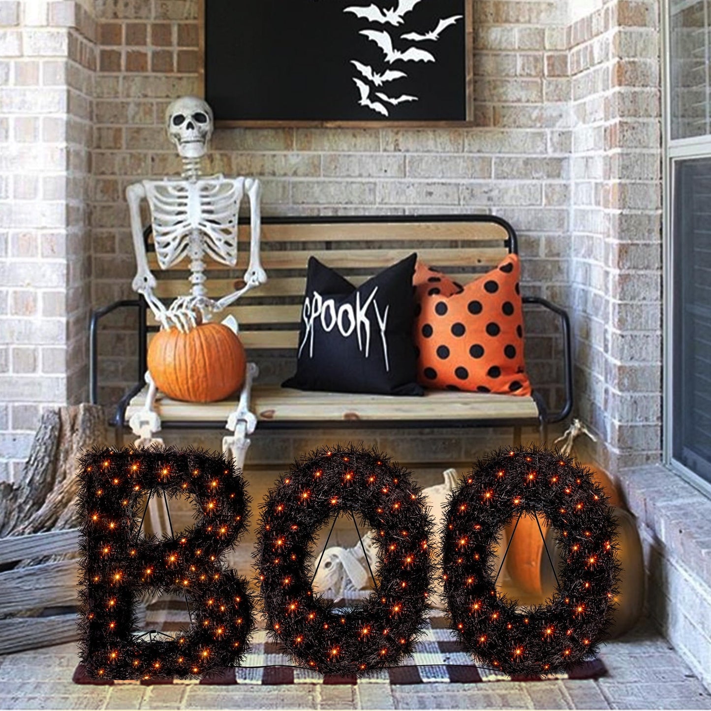 ATDAWN 3 Piece Outdoor Boo Sign Halloween Decoration, Lighted Boo Yard Display Set, Boo Yard Sign for Halloween Indoor Lawn Decor, Black & Orange