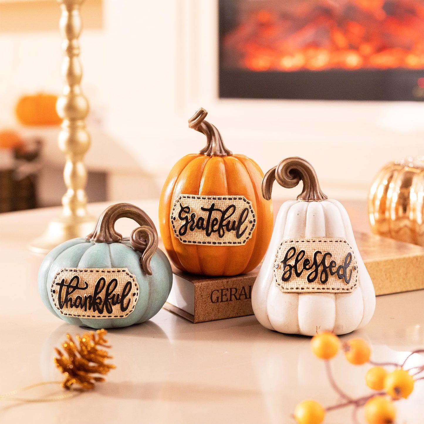 Valery Madelyn Pumpkins Fall Table Decor for Home, Set of 3 Resin Decorative Pumpkins Figurines Decor Indoor Tabletop Centerpieces Harvest Autumn Thanksgiving Dining Room Shelf Decoration, 6.3 inch