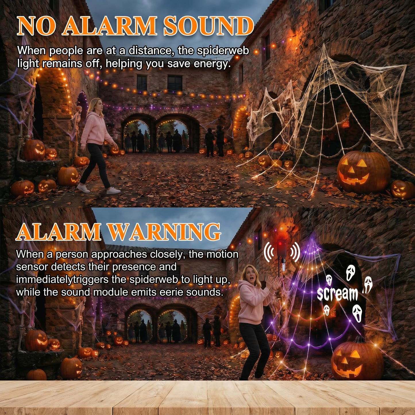 [Motion Activated Lighting&Speaking] 20 * 17FT Halloween Spider Web 150 Led Purple&Orange Lights Light Up Lighted Triangular Giant Waterproof with 200sqft Cobweb for Outdoor Decor Yard Decoration