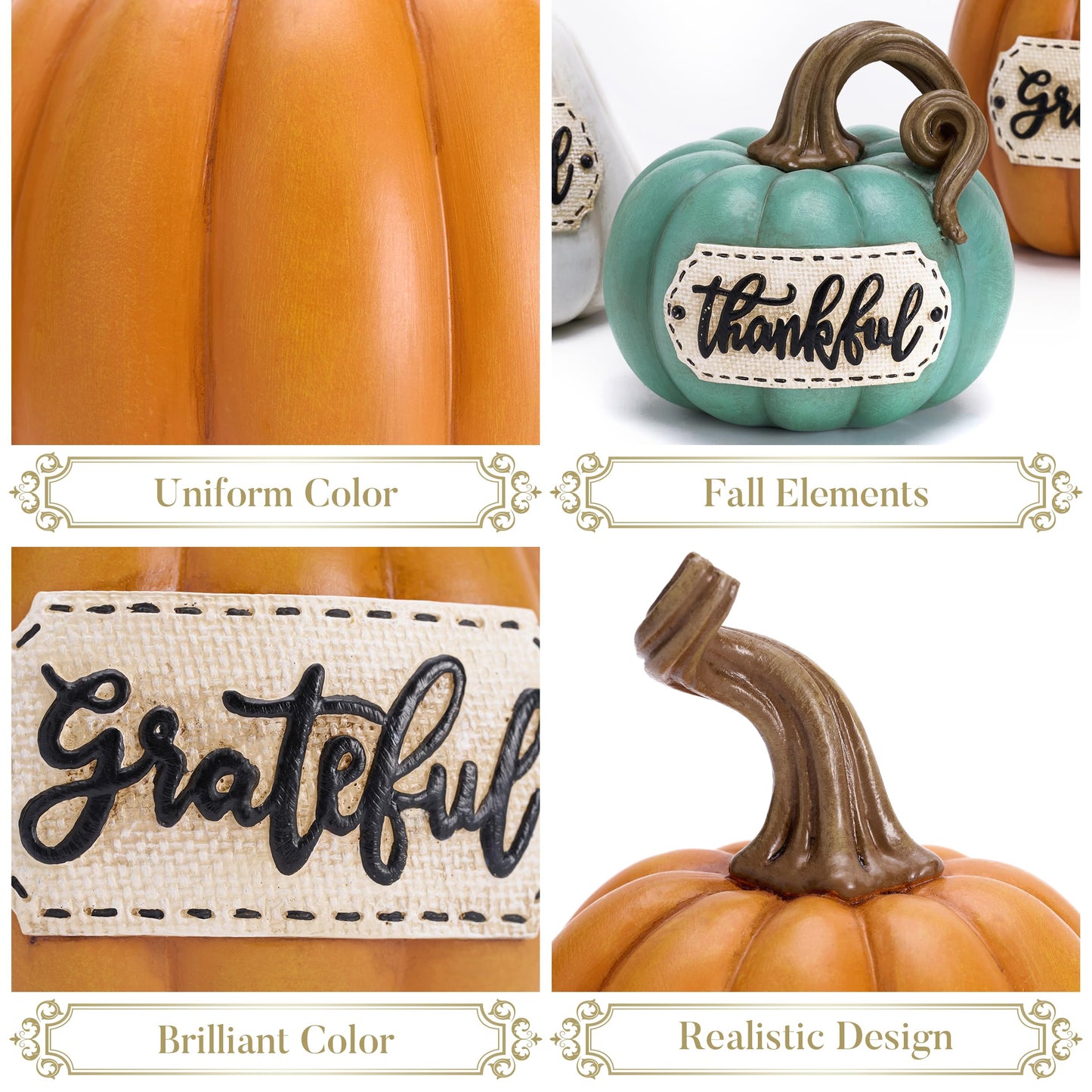 Valery Madelyn Pumpkins Fall Table Decor for Home, Set of 3 Resin Decorative Pumpkins Figurines Decor Indoor Tabletop Centerpieces Harvest Autumn Thanksgiving Dining Room Shelf Decoration, 6.3 inch