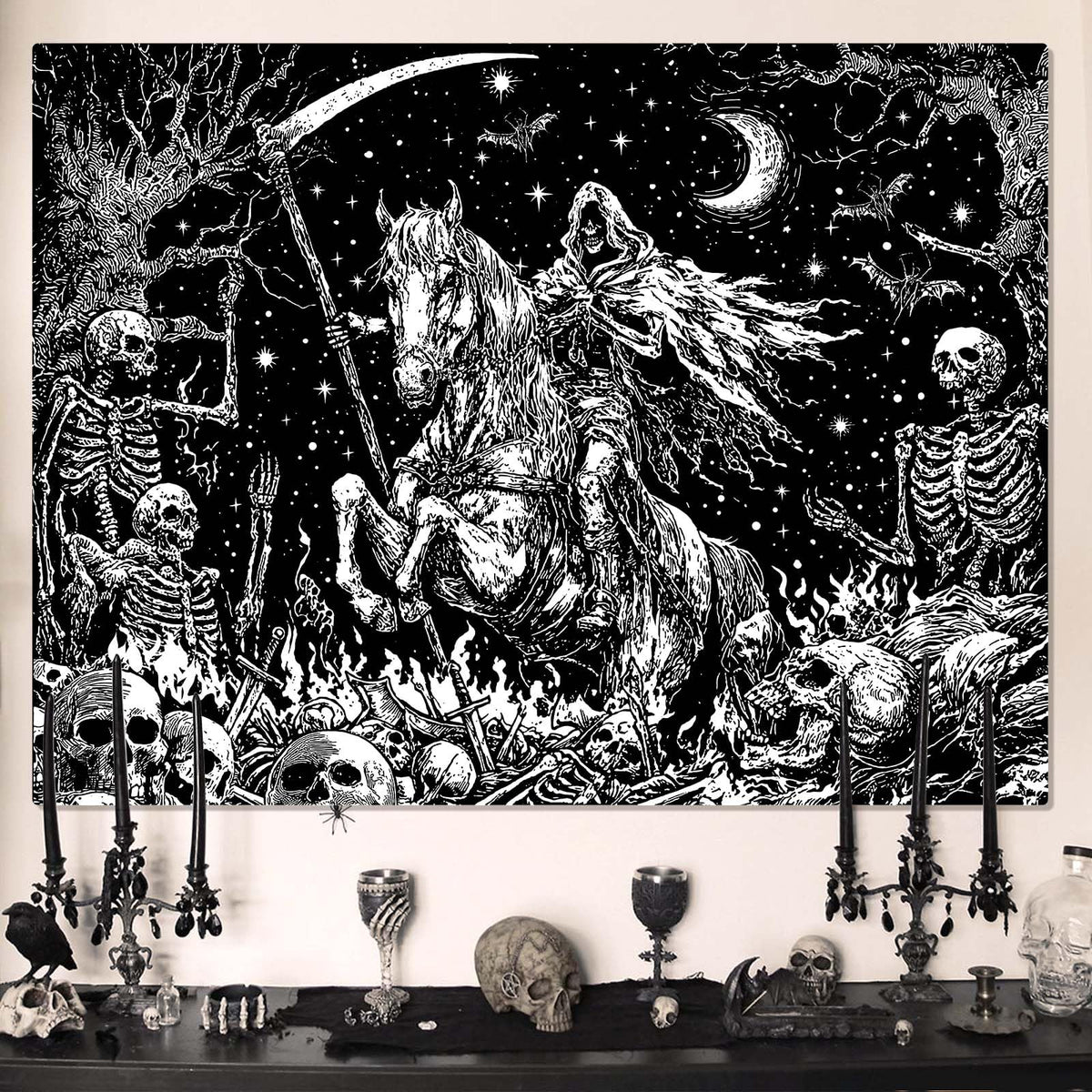Lifeella Gothic Skeleton Tapestry, Horror Moon Skull Dark Death Grim Reaper Wall Art for Bedroom Grunge Room Decor, Black and White 44x60 inches