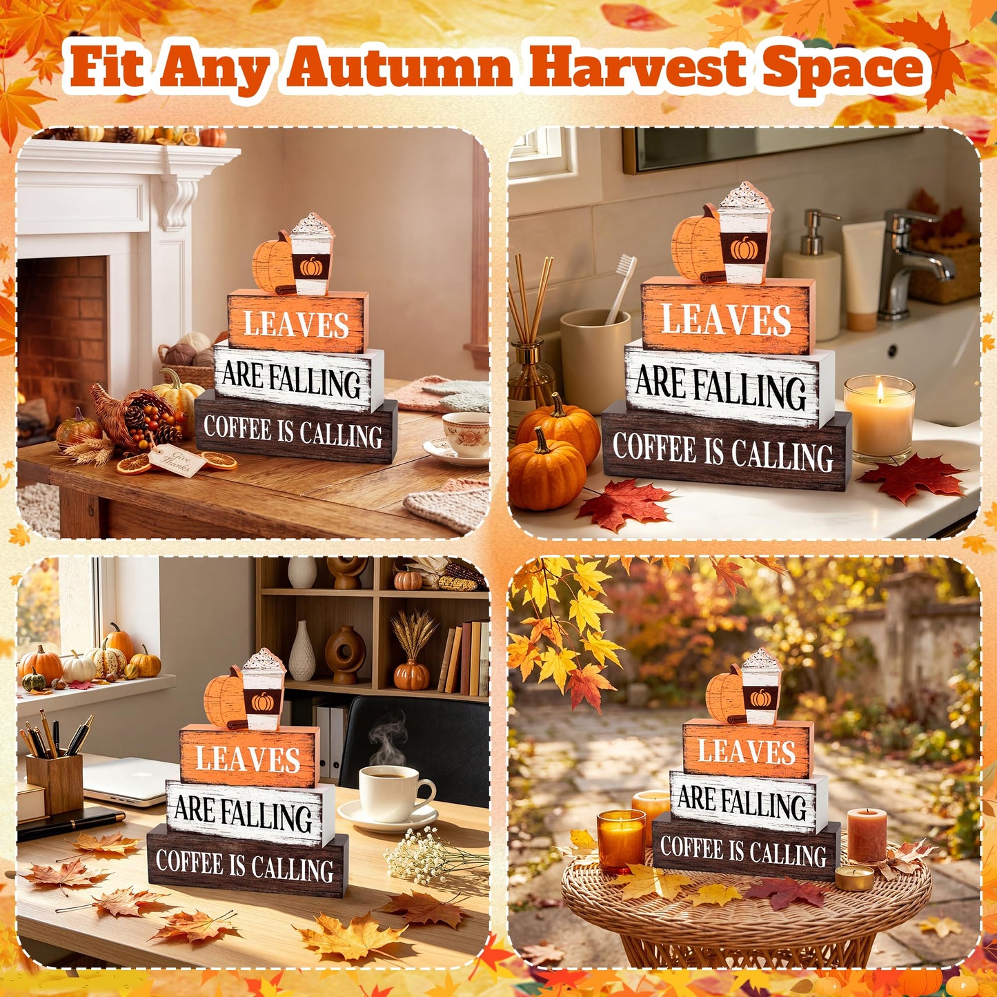 4 Pcs Fall Decor Wooden Tiered Tray Decor, Pumpkin Coffee Fall Decorations Gifts for Home, Autumn Thanksgiving Table Centerpiece for Autumn Harvest Party Kitchen