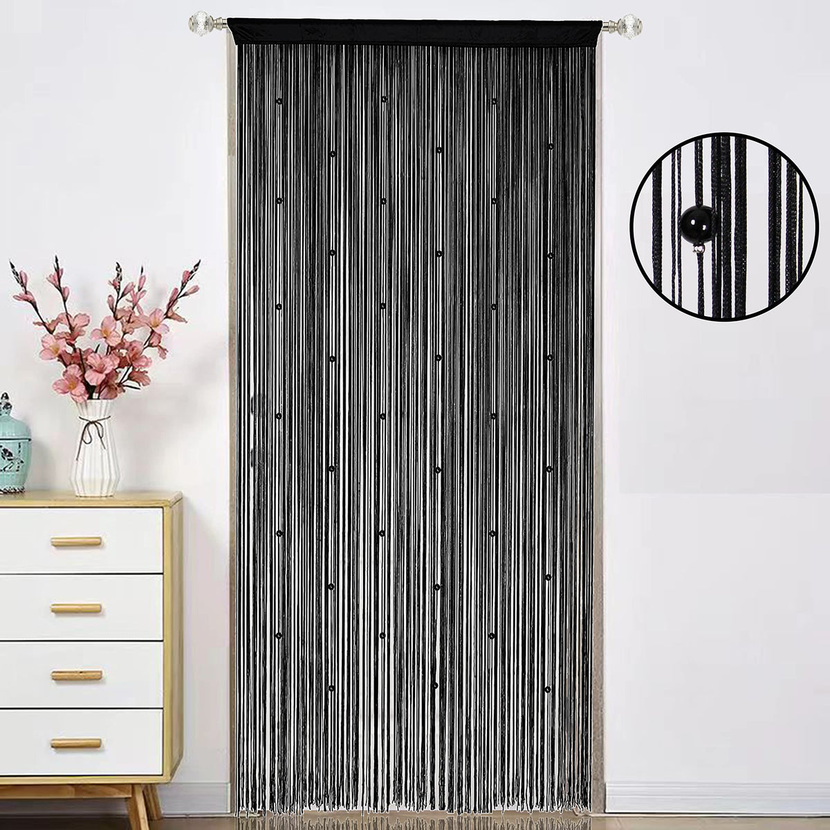HSYLYM Beaded Curtain Beads Door String Curtains Ideal for Living Room Decor Wall Hanging Fringe Doorway Divider Bedroom Backdrop Hippie Window Closet Privacy Rod Pocket Dense (100x200cm,Black)