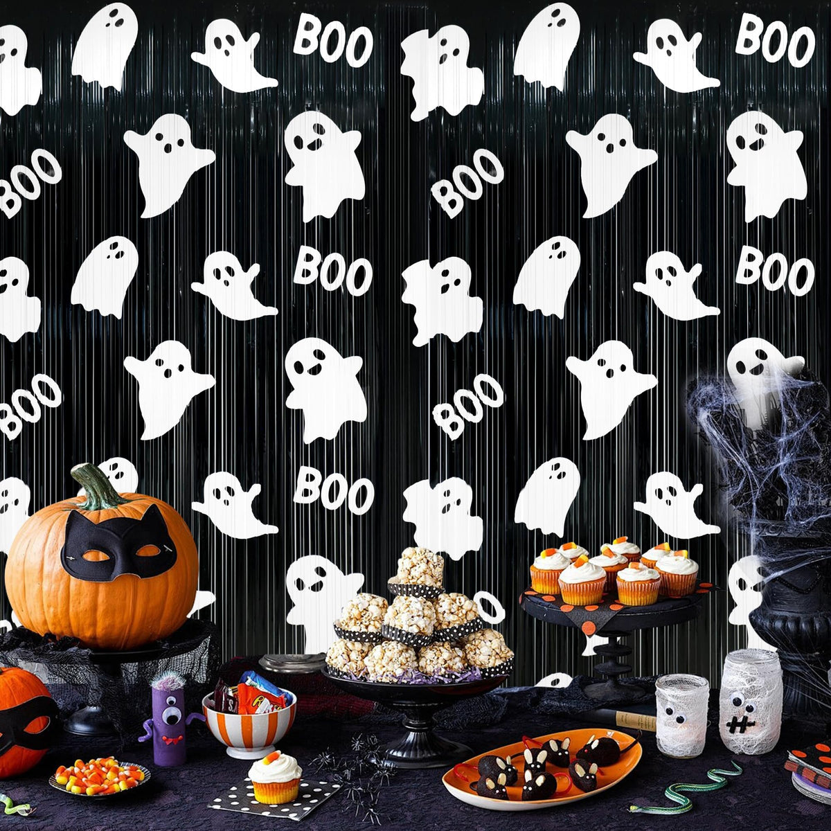 Augisteen 2 Packs Halloween Foil Fringe Curtains 3.3 x 6.6 Ft Black White Cute Ghost Photo Backdrop Streamers Boo Theme Tinsel Curtain Metallic Backdrop for Kids Birthday Babyshower Party Supplies