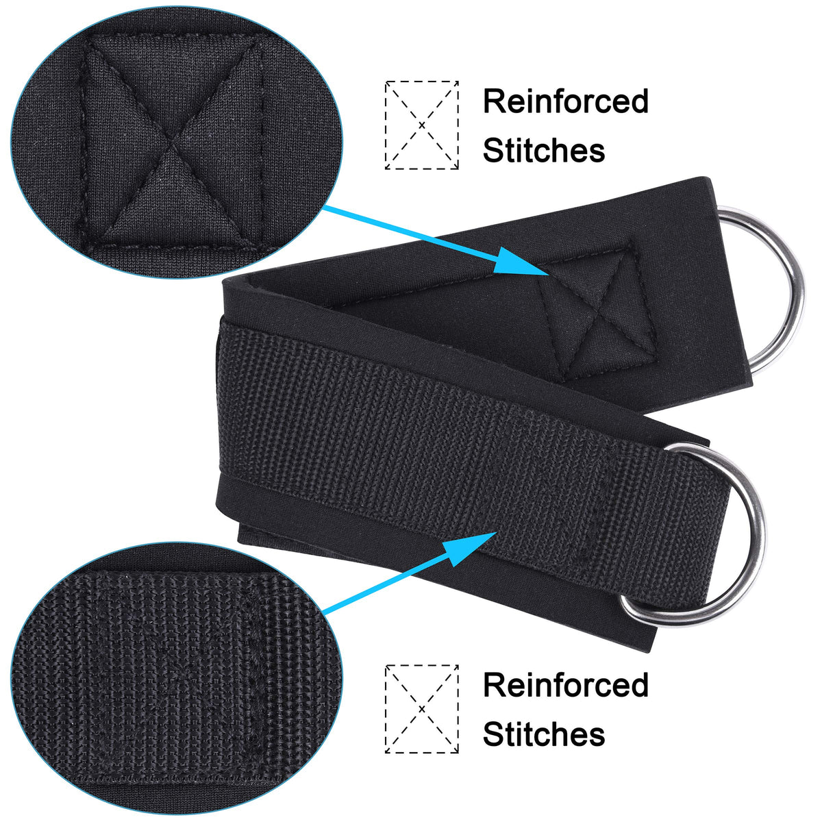 Techion 1 Pair of Fitness Ankle Straps for Cable Machine - Double D-Ring, Adjustable Comfort fit Neoprene - for Men and Women - Black