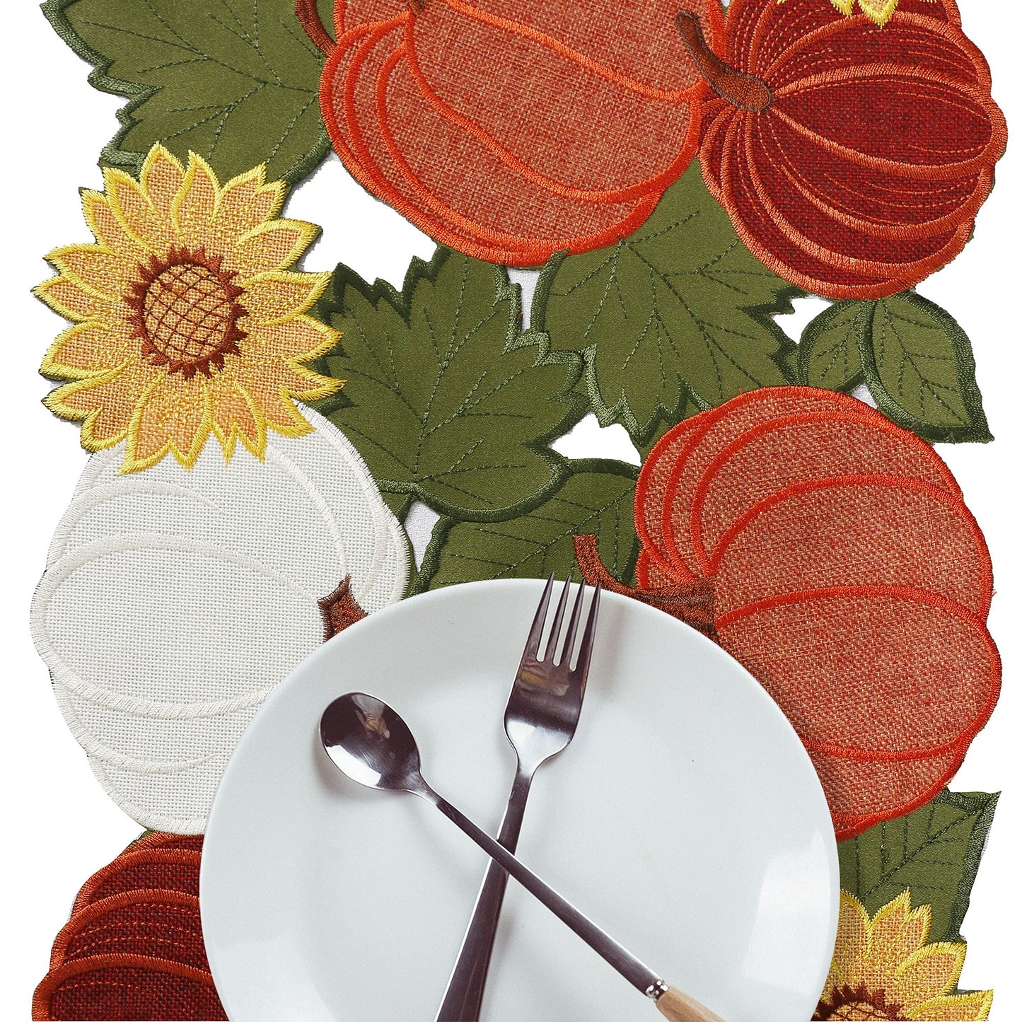 OWENIE Thanksgiving Table Runner, Pumpkin Fall Table Runner, Fall Decor for Home with Harvest Sunflowers Pumpkins, Cutwork Applique Embroidered Centerpieces, 13 Inch x 54 Inch, Orange