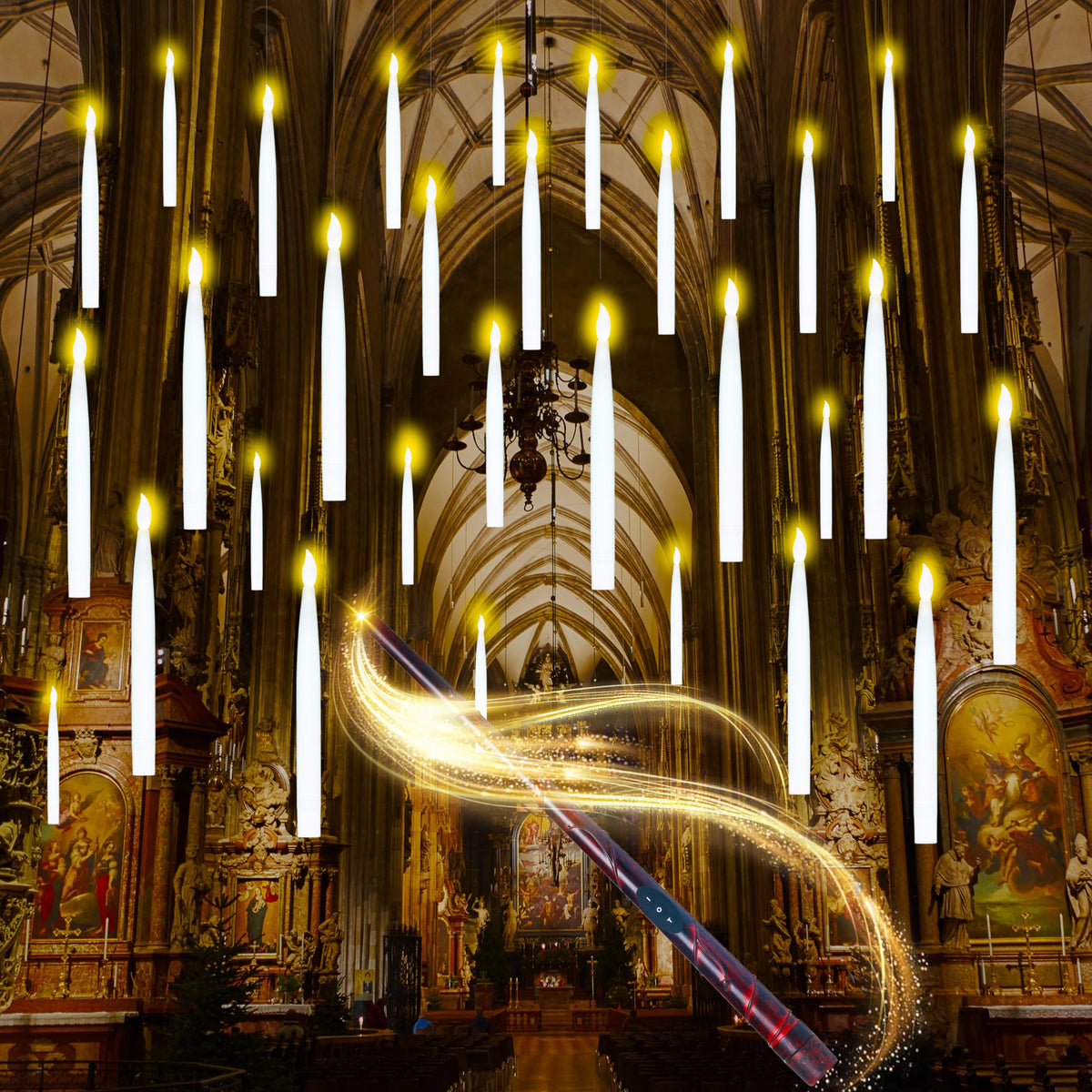 JOYIN 20Pcs Halloween Floating Candles with Wand Remote Flickering Warm Light Taper Magic Hanging Candles with 2 Light Mode and Timer Flameless LED Candle for Halloween Window Decorations Party Gift