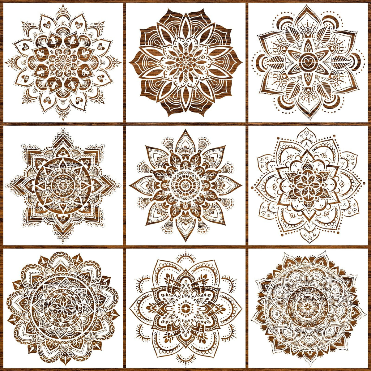 9-Piece Mandala Stencil Set - Reusable Mandala Painting Templates for DIY Wall, Tile, Furniture, Canva, Outdoor & Indoor Decoration