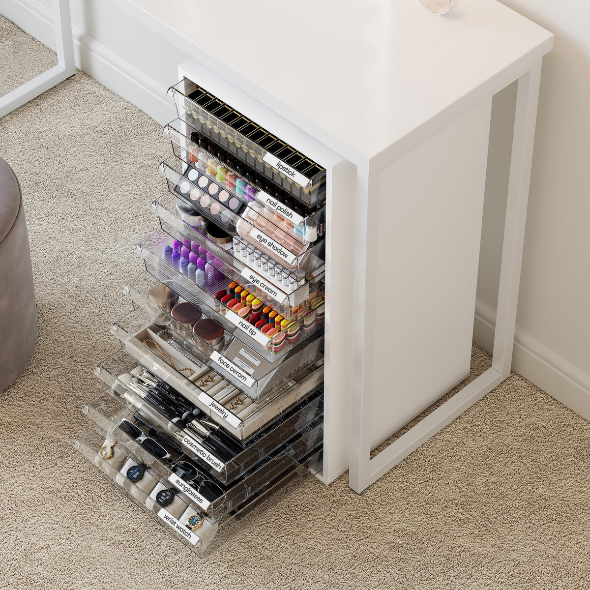 WOPITUES Storage Drawer Cart, Mobile Storage Cabinet, Makeup Storage with 10 Large Clear Drawers, Utility Wooden Rolling Cart on Wheels, for Cosmetic, Art Craft, Office Supplies, Toy, White