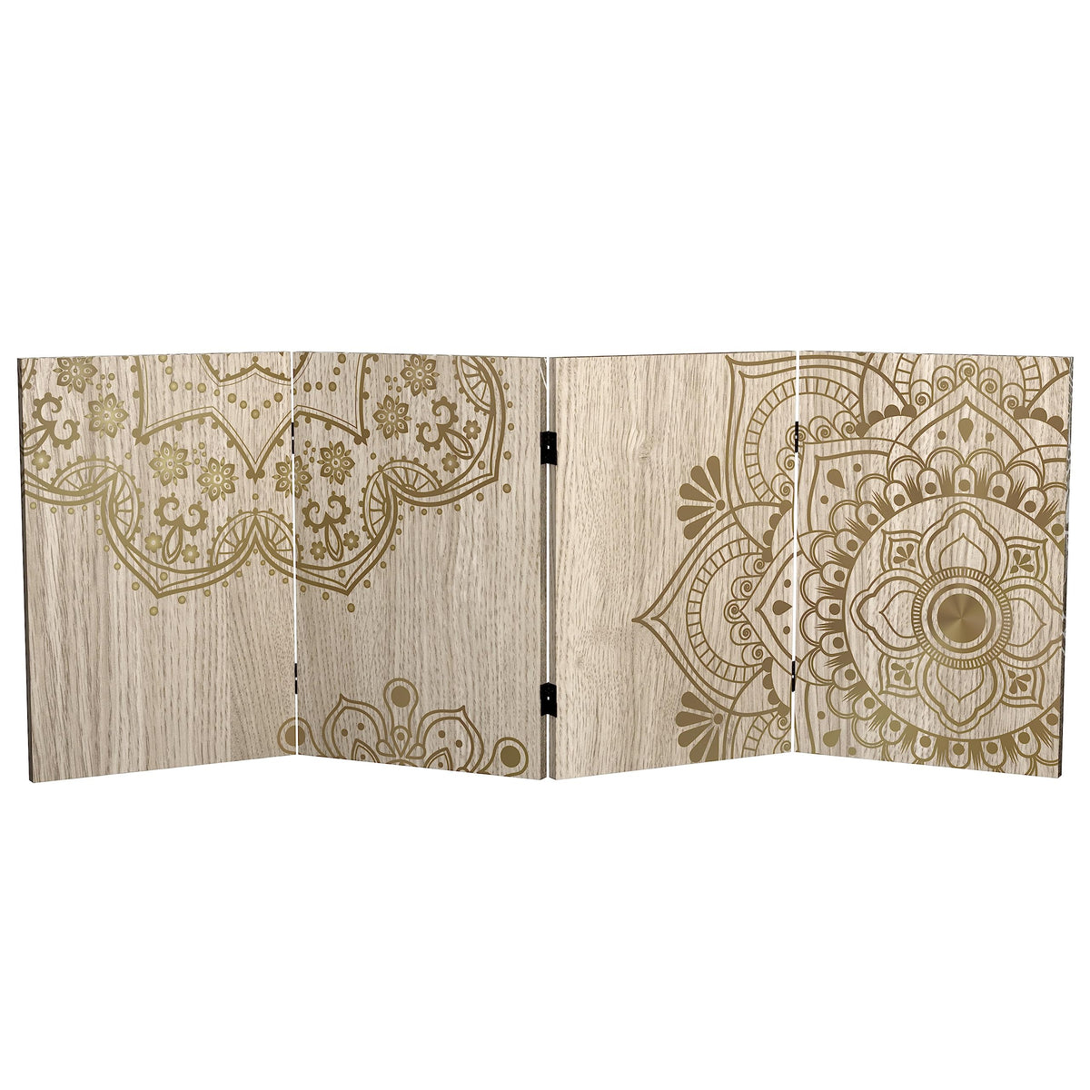Red Lantern 2 ft. Short Double Sided Mandala on Oak Canvas Folding Screen 4 Panel Freestanding Partition and Separator for Modern and Contemporary Bedroom, Home Office, Studio, Dorm, Apartment