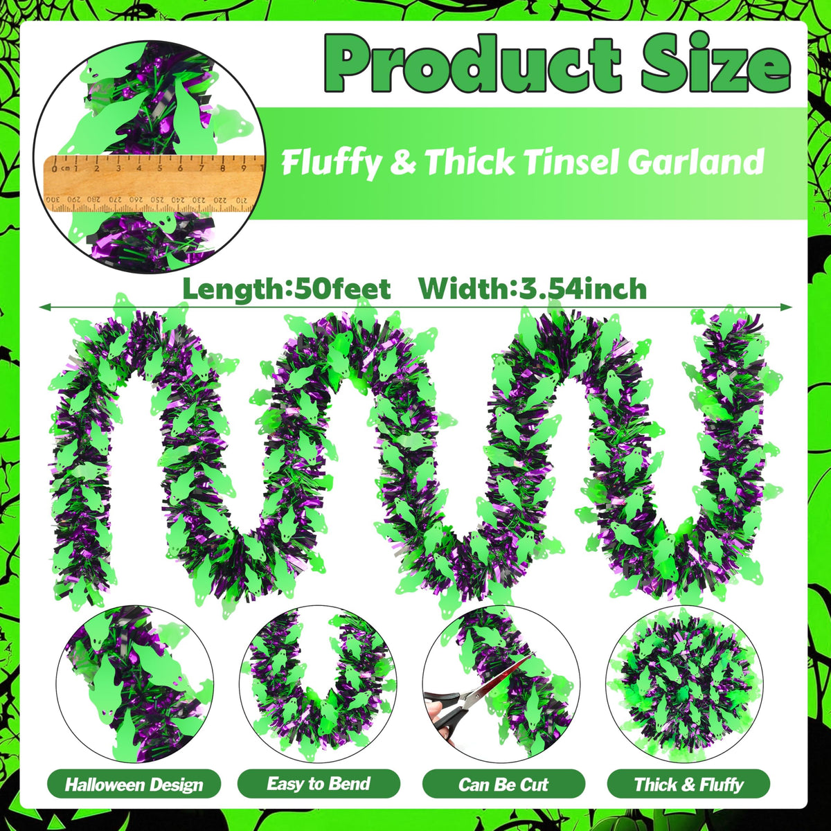 50 FT Halloween Tinsel Garland, Thick Glitter Tinsel Garland Hanging Streamers Green Ghost Metallic Holiday Tinsel Hanging Oranment for Halloween Party Supplies Indoor Outdoor Decoration