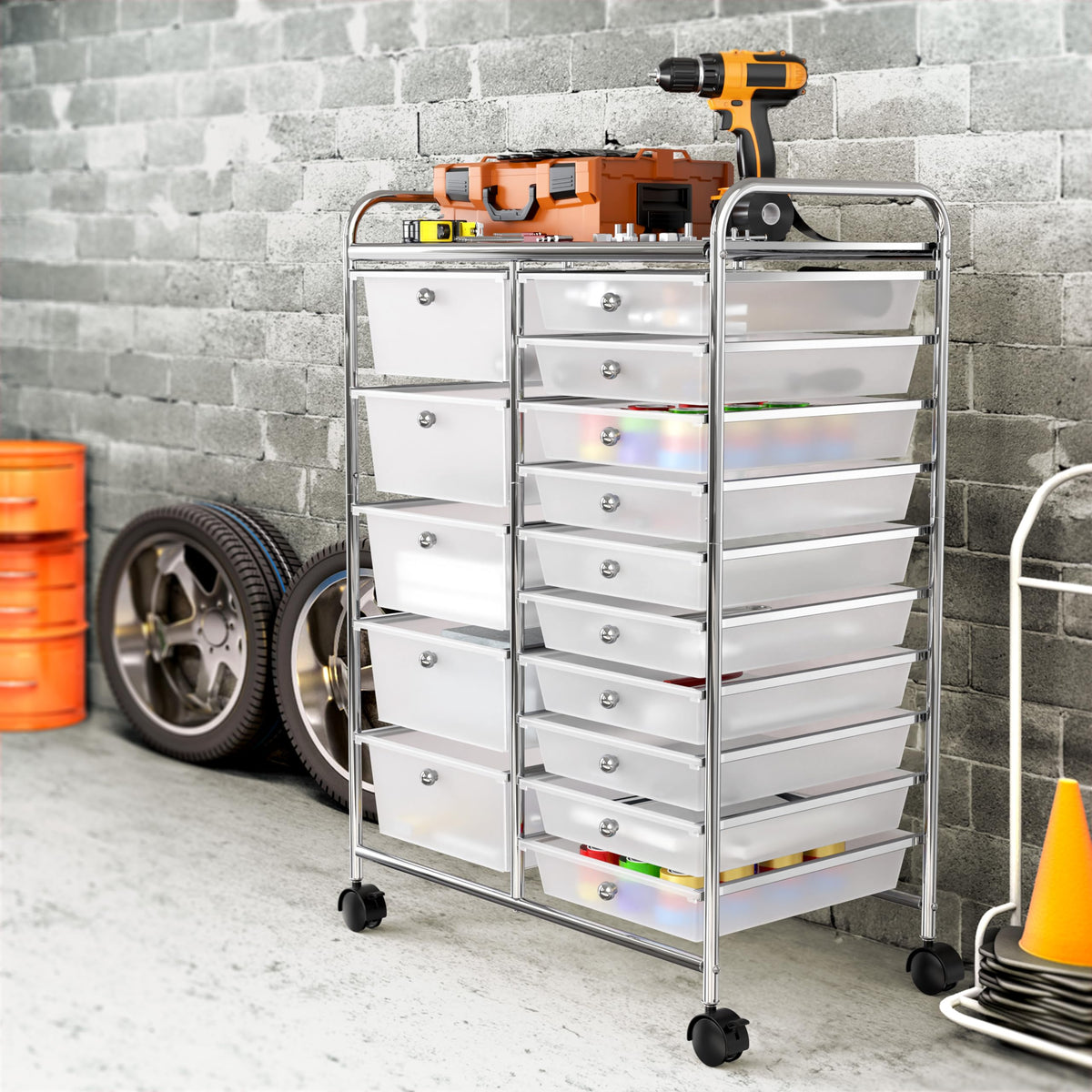 Simple Houseware Utility Cart with 15 Drawers Rolling Storage Art Craft Organizer, Chrome
