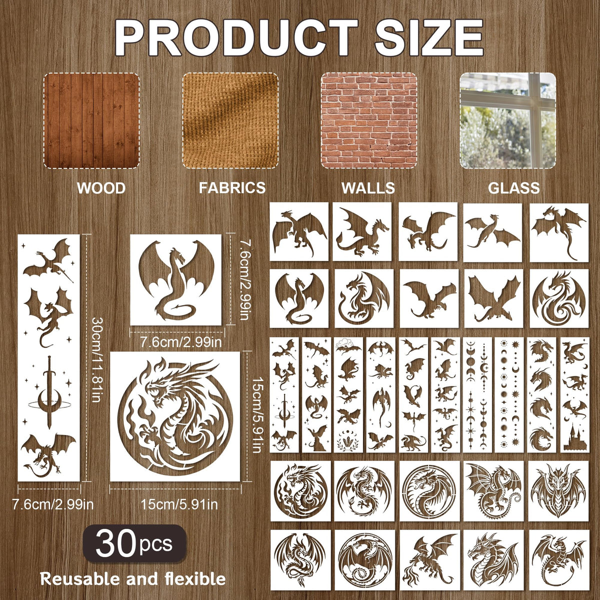 Keluna Dragon Stencils for Painting - 30 Pcs Reusable Pterosaur Moon Star Crafts Templates Dragon Themed Stencils for Painting onWood Wall DIY Art Craft Canvas Fabric Home Décor