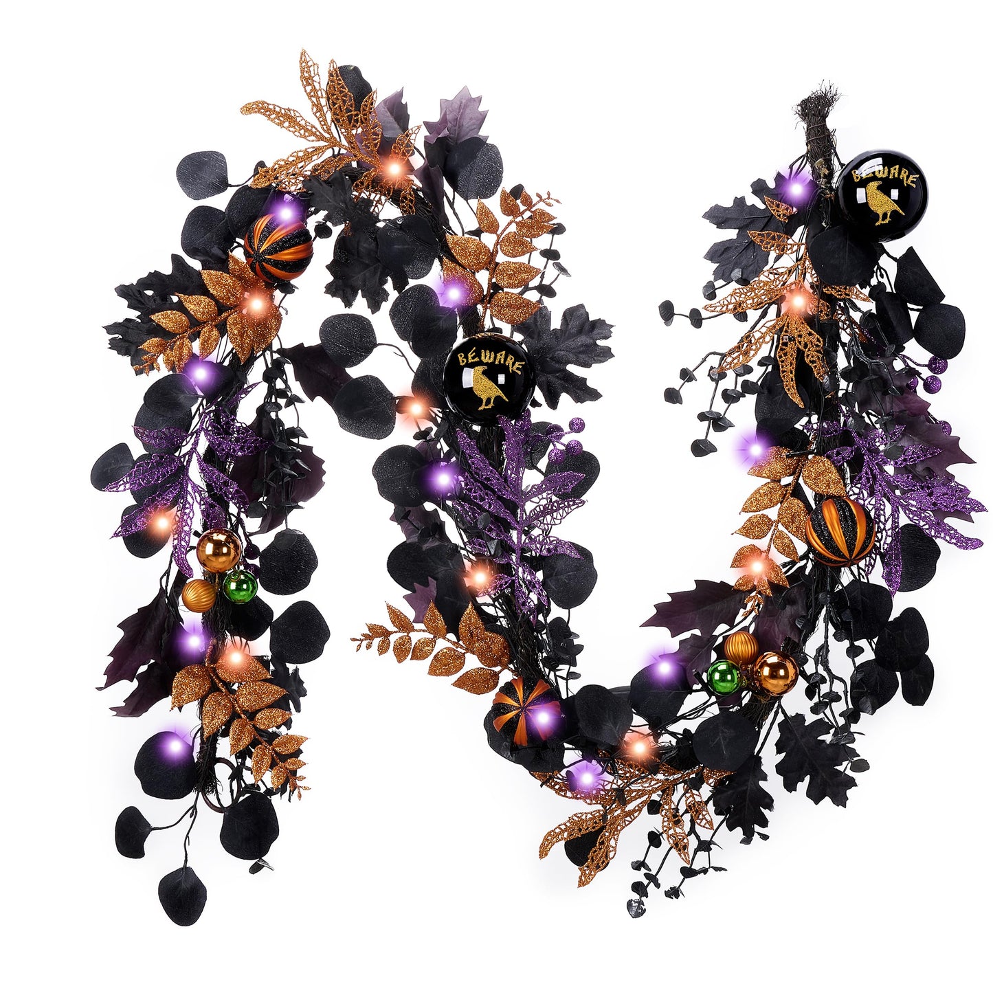 Valery Madelyn Halloween Garland for Mantel with Lights, 6 Feet Pre-Lit Jack-o'-Lantern Pumpkins and Ball Garland Decorations for Table Centerpiece Mantle Indoor Stair Home Decor