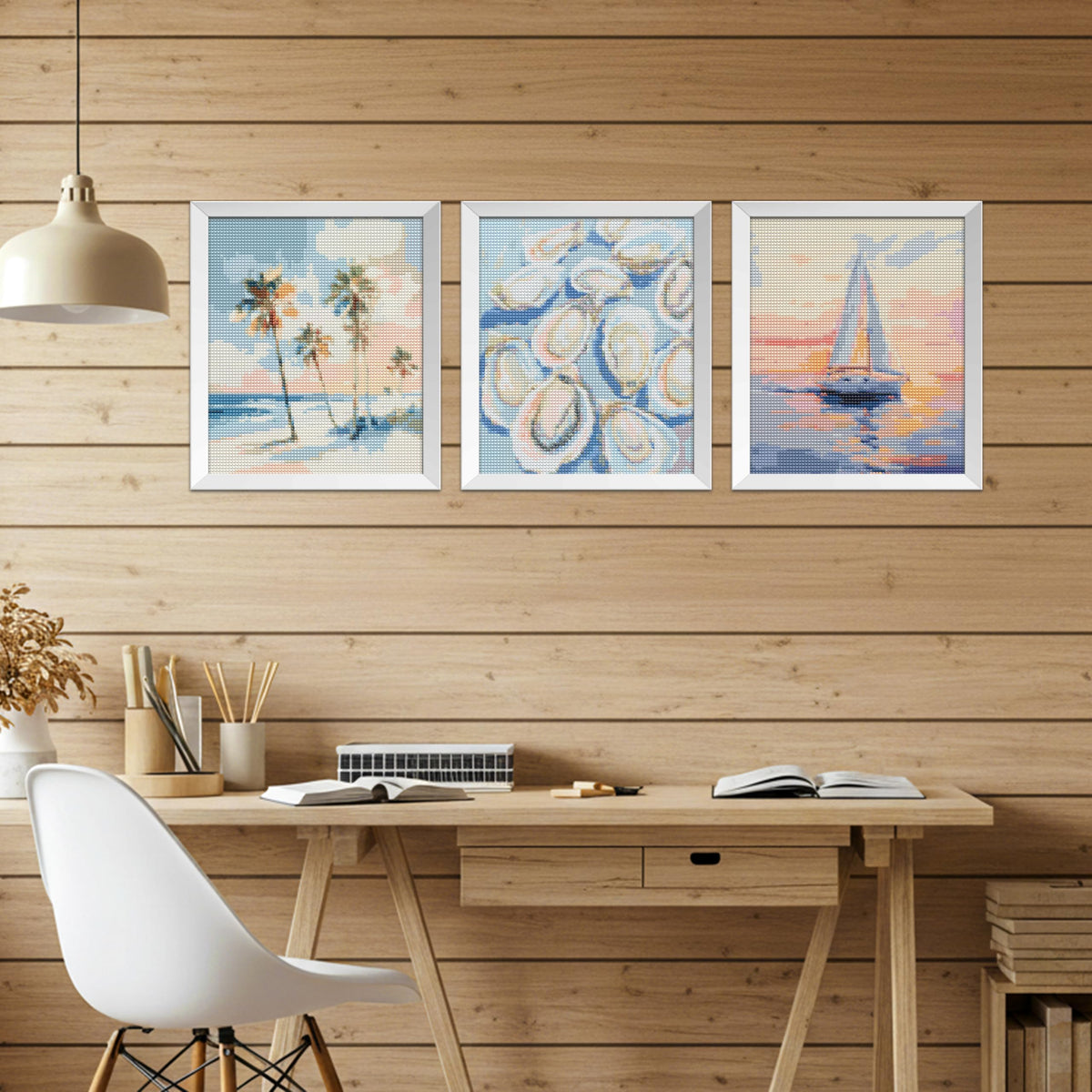 Kemingni 3 Pack Pastel Ocean Beach Diamond Painting Kit, Tropical Palm Tree Nautical Sailboat Oysters Diamond Art Kits for Adults Beginners, Full Drill Gem Painting for Home Wall Decor, 9.8x11.8 Inch