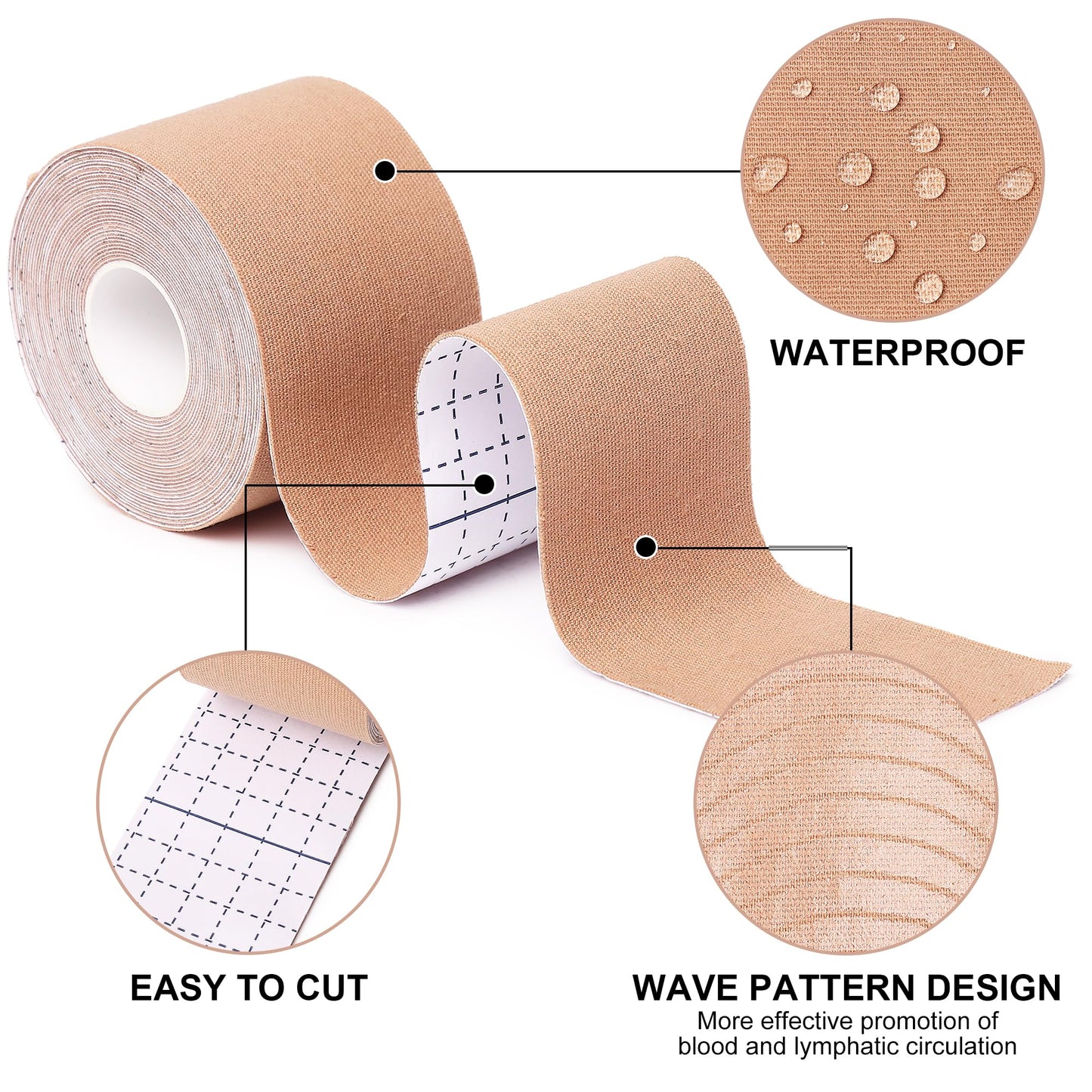 Kinesiology Tape 6 Rolls, Waterproof Kinetic Tape Muscle Tape for Injured Muscle Recovery & Joints Support, 2 Inch x 16.4 Feet Roll (Beige, Black, Blue)