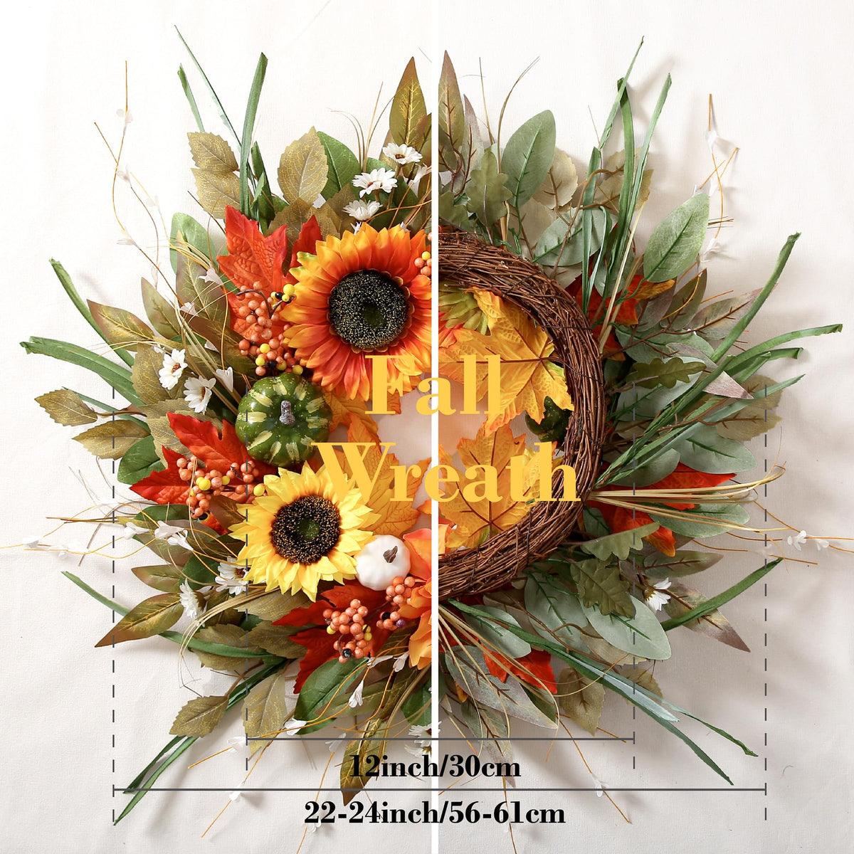 Sunflower Wreaths for Front Door Outside All Season, 24 Inch Artificial Dahlia and Sunflower Door Wreath with Greenery, Pumpkins and Maple Leaves for Home Porch Decor
