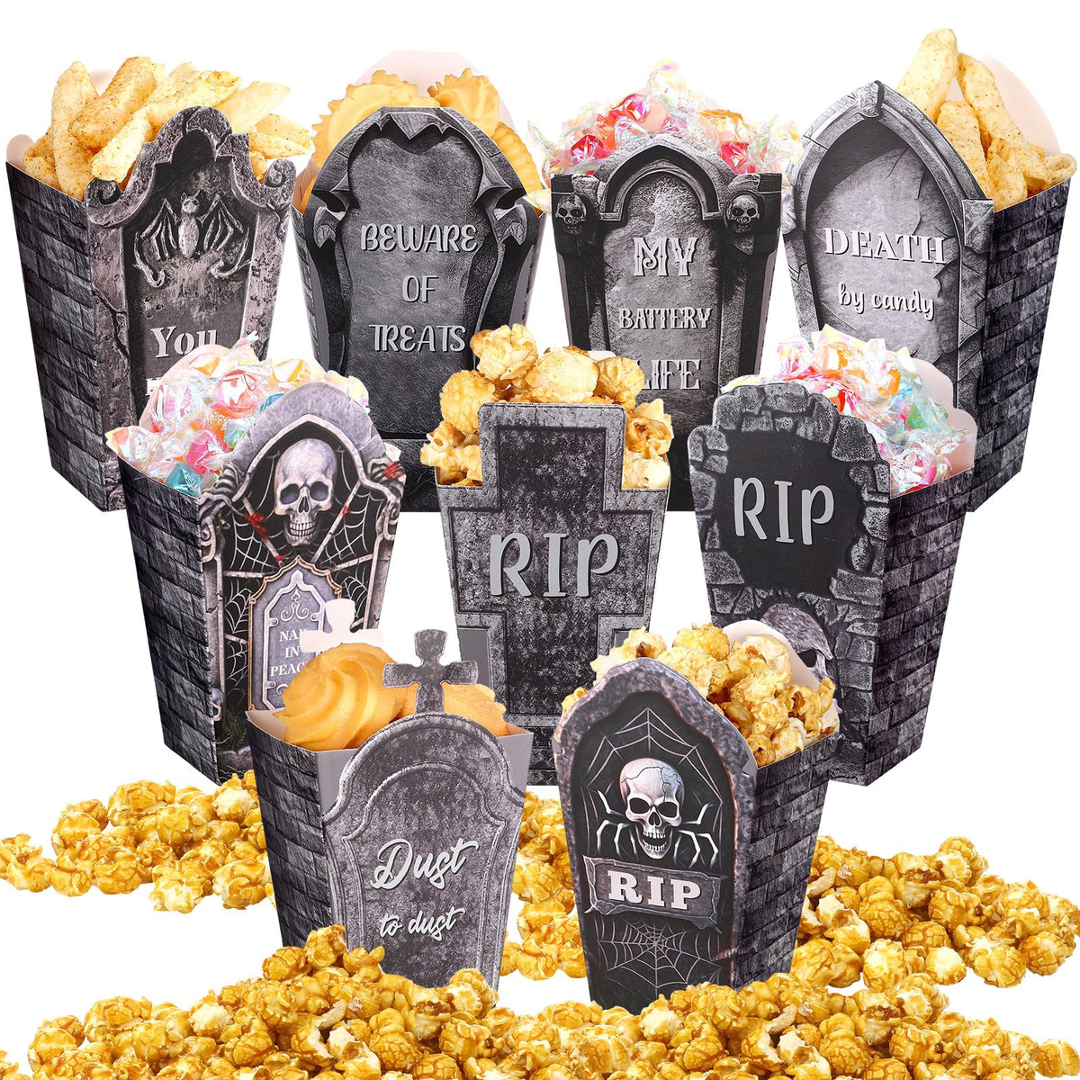 Weekgrat 90 Pcs 9 Styles Halloween Tombstone Popcorn Boxes Cardboard Popcorn Bags Snack Boxes Treat Bags for Candy Biscuits Party Favors