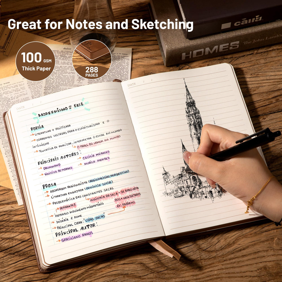 CAGIE Compass Leather Notebook Journal for Men, 100 GSM 288 Pages Lined Journals for Writing, A5 Hardcover Journaling Notebooks Gift Set with Pen for Travel Office Daily Writing