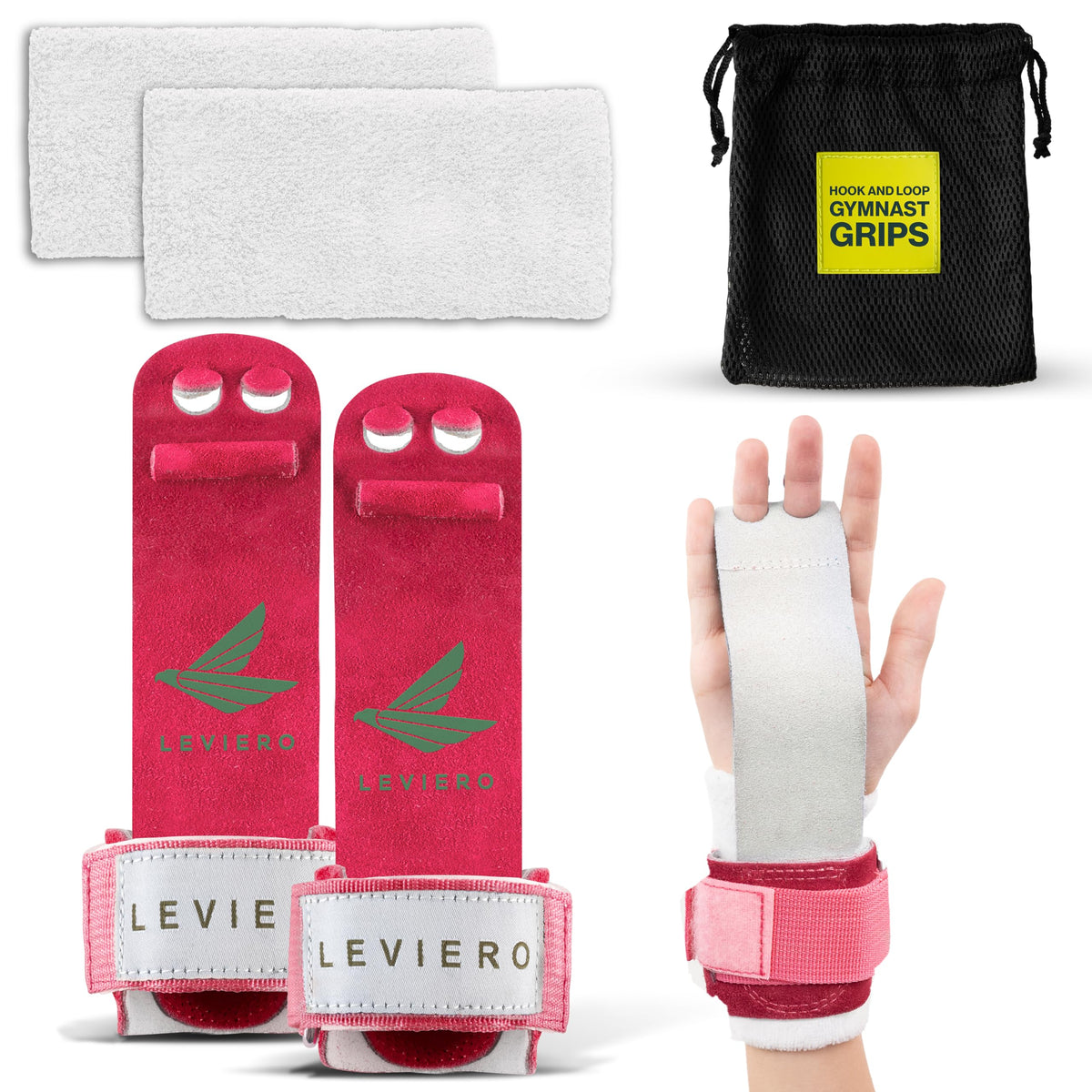 LEVIERO Gymnastics Grips Set, Grips for Gymnastics Girls, Dowel Grips with Soft Leather, Hook and Loop Wrist Straps, and Adjustable Finger Holes, for All Ages - (Pink, 2)