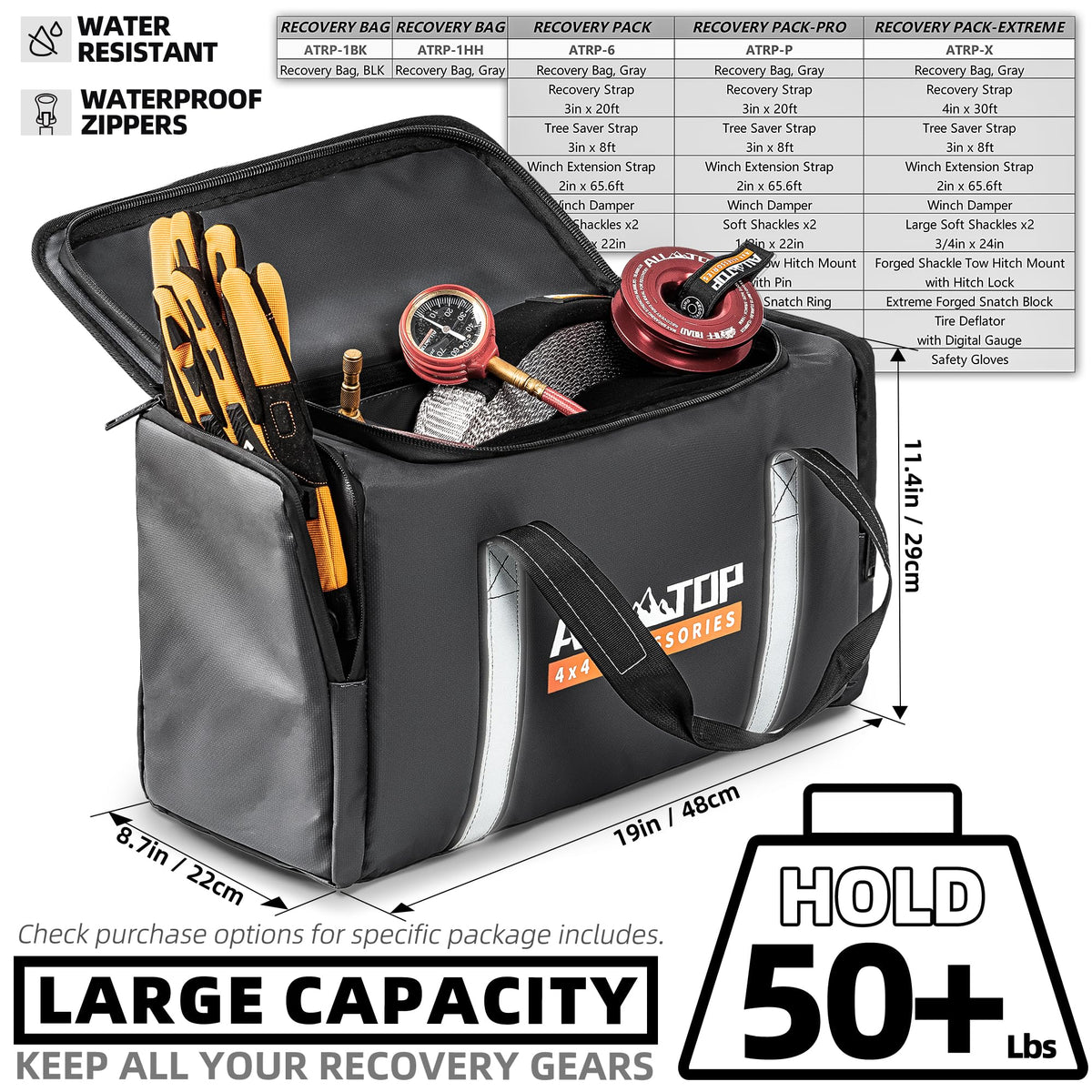 ALL-TOP Recovery Pack Bag, Water-Resist Tool Organizer for Offroad Gear & Overland Equipment, Standing Zippered Waterproof Storage Tote, Black Empty