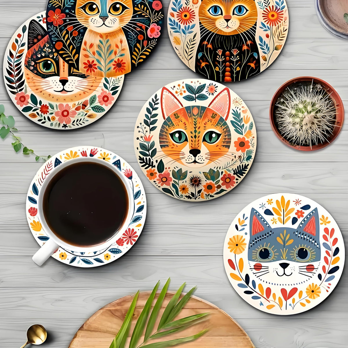 Monattrod Wood Coasters Set of 6 - Handcrafted Drink Coaster Thick Heat-Resistant for Office, Bar, Farmhouse - Cute Cat Drink Cup Coasters for Table Protection