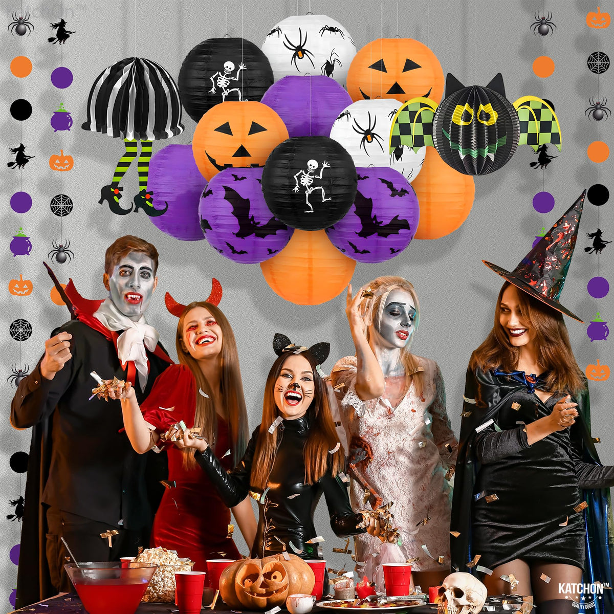 KatchOn, Halloween Hanging Paper Lanterns Set - Pack of 15 | Halloween Paper Lanterns, Halloween Honeycomb Decorations for Halloween Decorations | Halloween Garland for Halloween Party Decorations