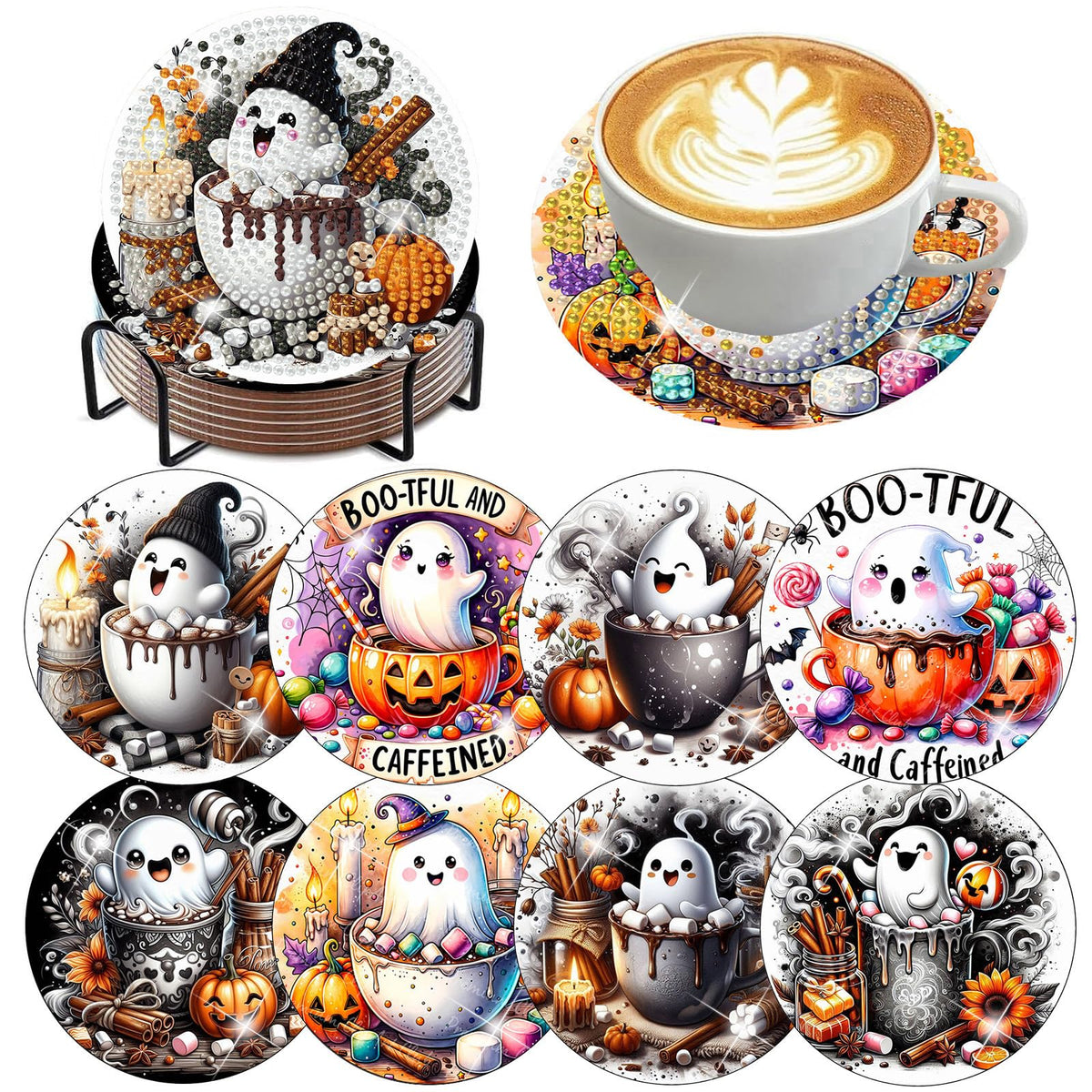 8 PCS Halloween Diamond Art Coasters Kits, Ghost Diamond Painting Coaster Kits Diamond Coasters with Holder Cork Pads Gem Art Dots Paintings Crafts Supplies for Adults Beginners