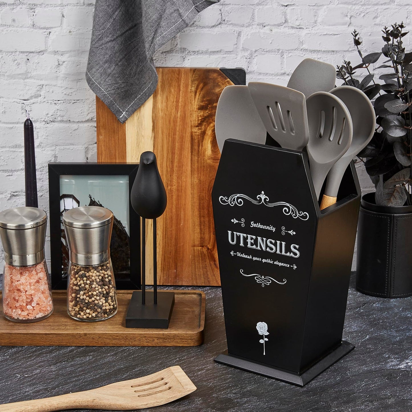 Gothvanity Gothic Coffin Utensil Holder - Large Stable Spooky Dark Aesthetic Kitchen Organizer, Wooden Black Kitchen Decor 12.5X8X5 Inches